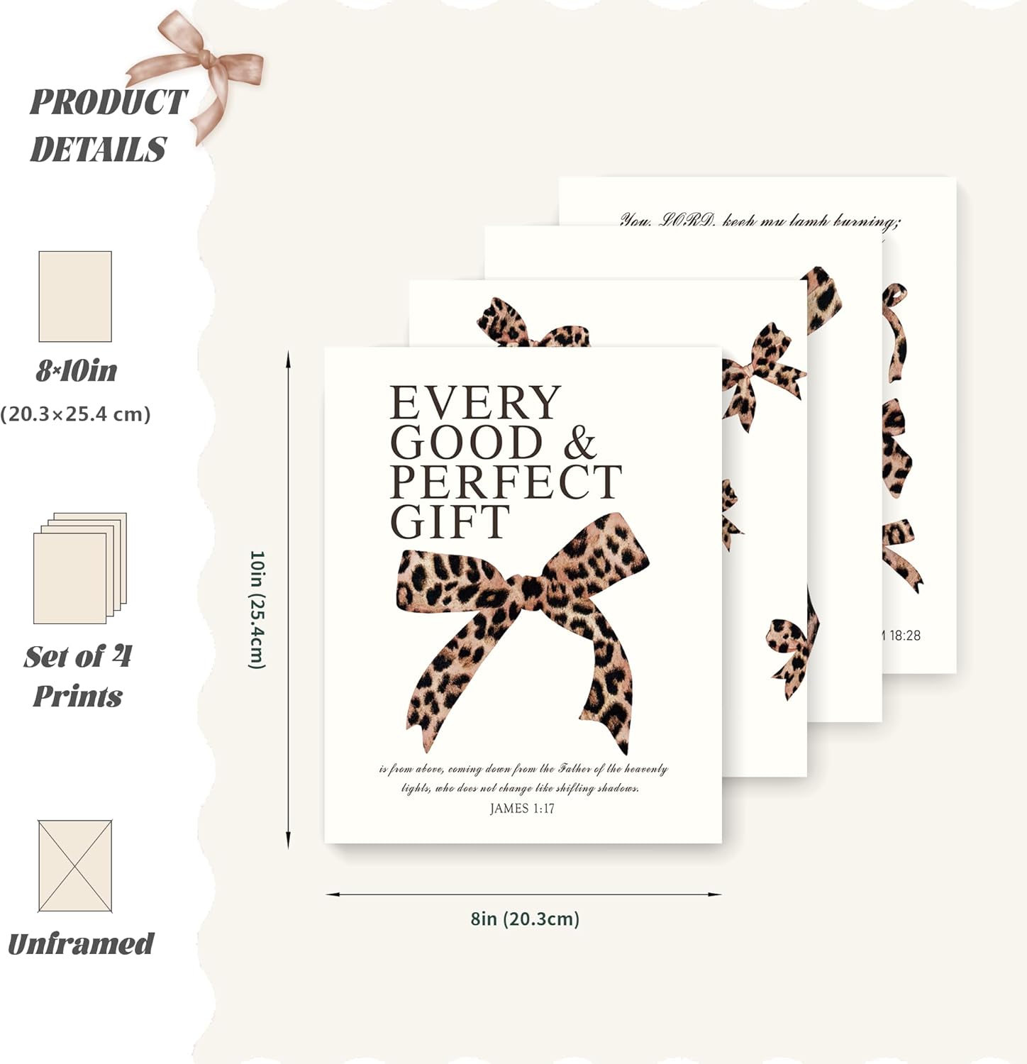 LARTSFRO Coquette Leopard Bow Wall Art Decor Posters, Y2K Cheetah Leopard Bow Room Bedroom Bathroom Dorm Wall Art Decor Aesthetic for College Teen Girls Gifts, Inspirational Bible Verses Bow Wall Decor, 10x8 Inch Set of 4 Pcs Cheetah Bow Pictures (UNFRAMED) 8X10in leopard bow