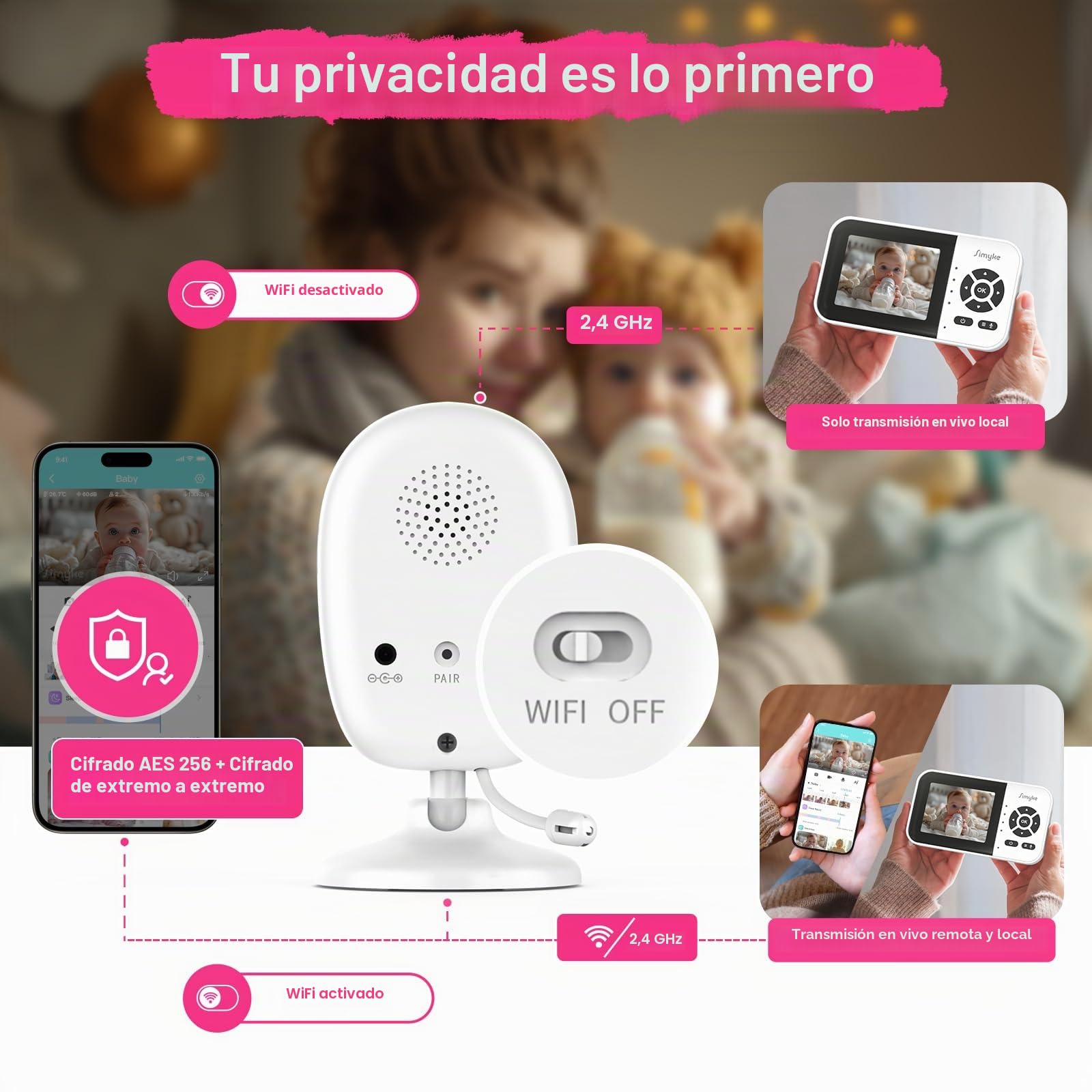 Simyke Smart BabyMonitor, 2 cámaras de 1080p, interruptor de encendido/apagado WiFi, pantalla de 2.8 pulgadas o acceso remoto WiFi, visión nocturna, alcance de 1500 pies, conversación bidireccional,