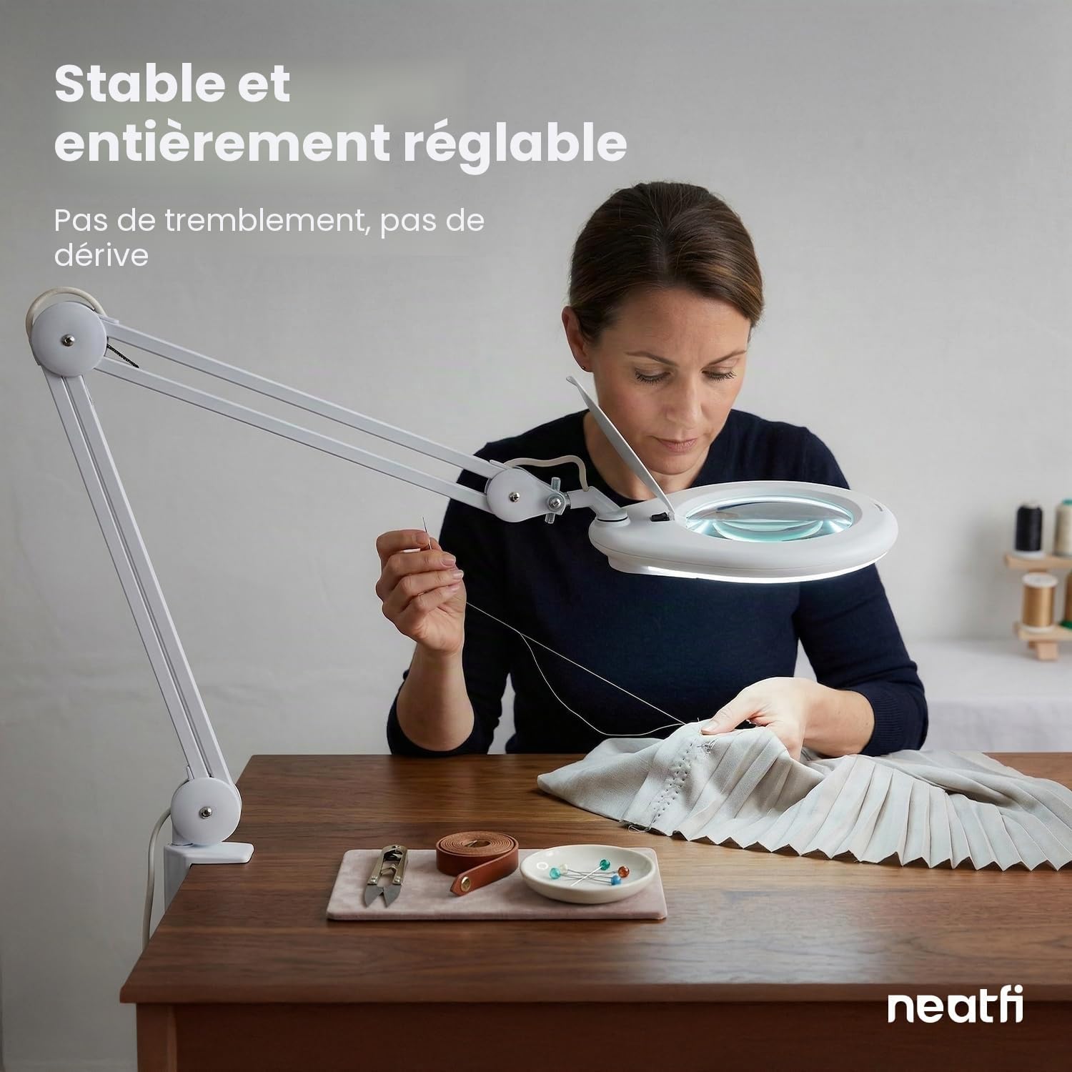 Neatfi Elite XL HD Super Lampe loupe LED avec Pince – grossissement 2,25x (5 dioptries), lumière du Jour 6500 K | sans éblouissement | Couture et Loisirs créatifs (Blanc, Lentille de 18 cm)