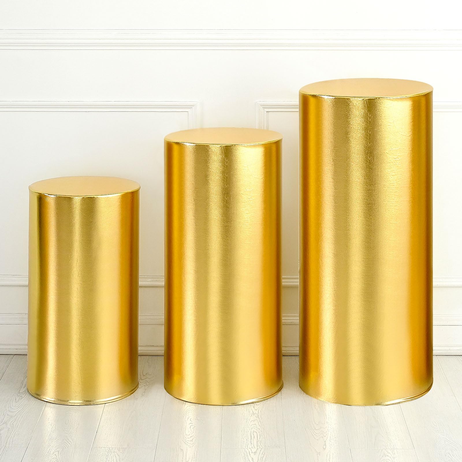 Photo 1 of uxcell Set of 3 Gold Cylinder Stand Covers for Metal White Cylinder Stands, Spandex Cover for Party, Wedding, Birthday, Only Cover, Large