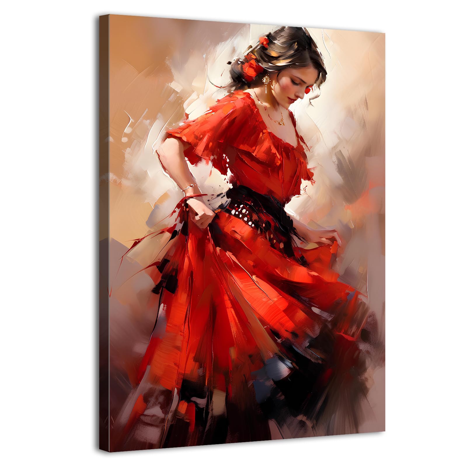 Red Dress Dancing Girl Wall Art Flamenco Dancer Wall Pictures for Living Room Beautiful Spanish Dancer Canvas Prints Female Dancers Painting Artwork for Bedroom Hallway Home Decorations 30x40cm