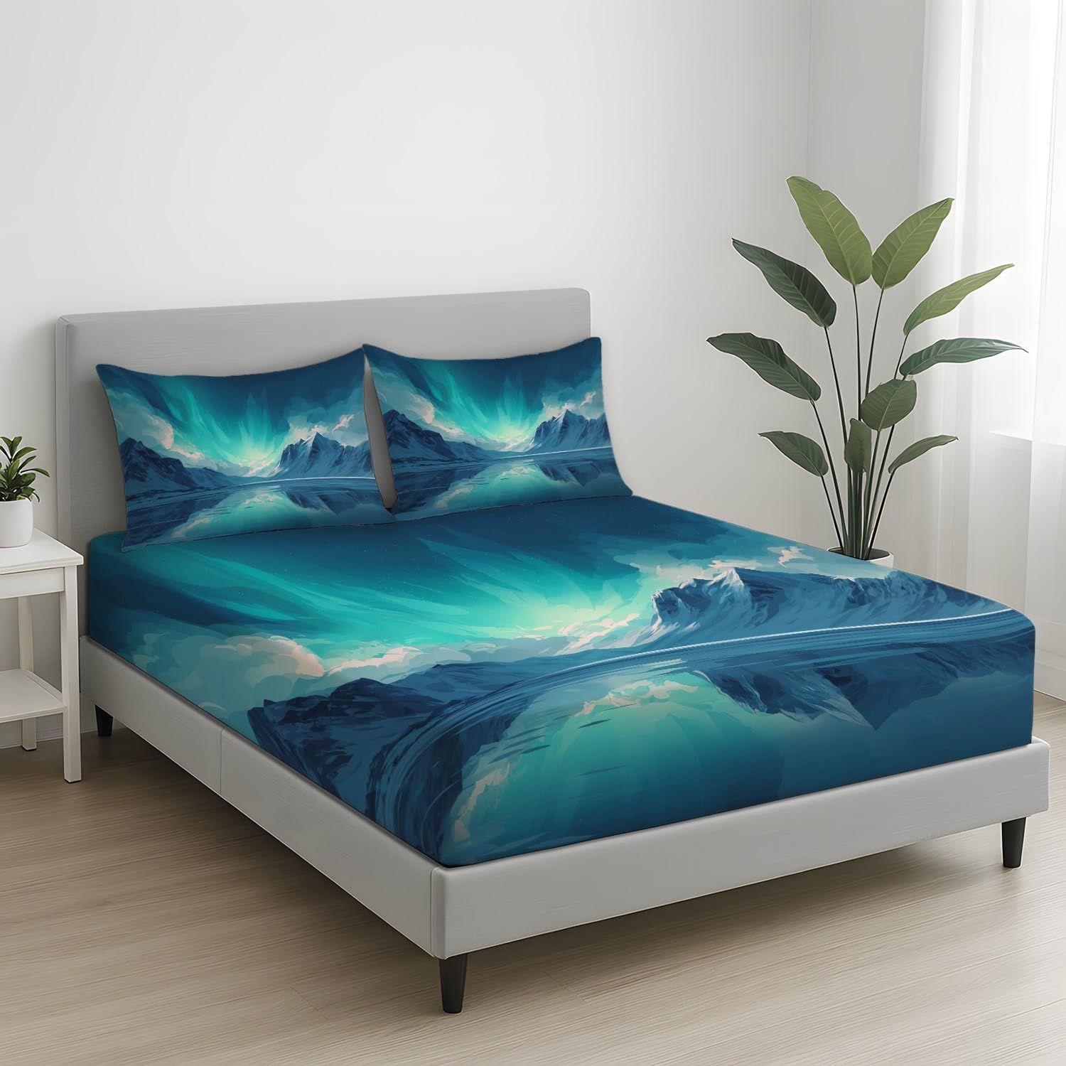 Prächtig Polarlicht Spannbetttuch 140 x 200 x 30 cm 3teilig 2 Kissenbezüge 80 x 80 cm Elegant Schneeberg Hell Sternenhimmel Spannbettlaken Set für Kinder Jugendliche Erwachsene Mikrofaser Bettwäsche