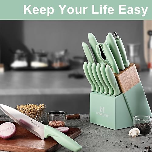 Miniatura 8 de Juego de cuchillos de cocina de 15 piezas con afilador de cuchillos integrado, juego de bloques de cuchillos de acero inoxidable alemán de alto