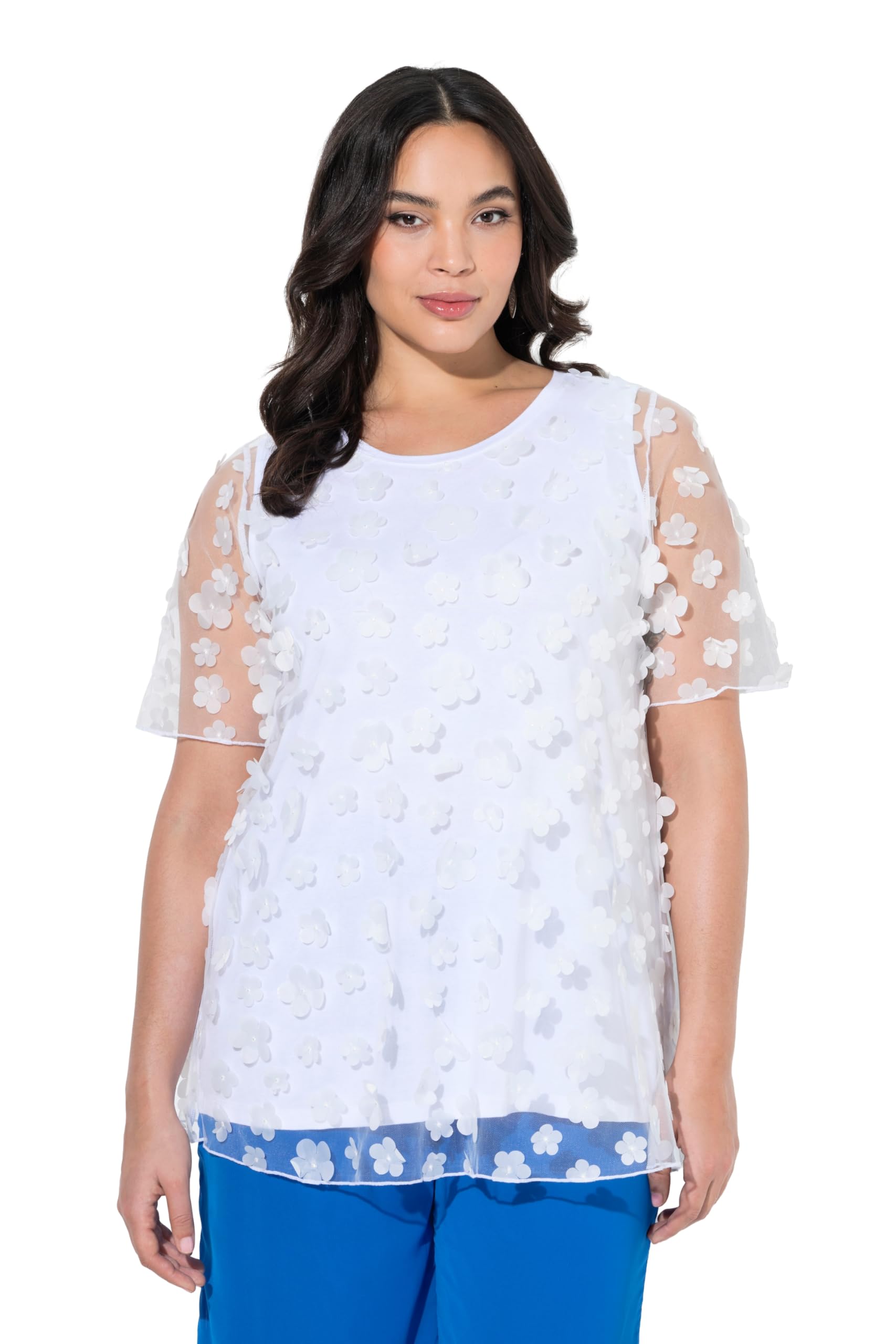 Ulla Popken Damen große Größen Übergrößen Plus Size T-Shirt, Blüten-Applikation, Rundhals, Halbarm 848204