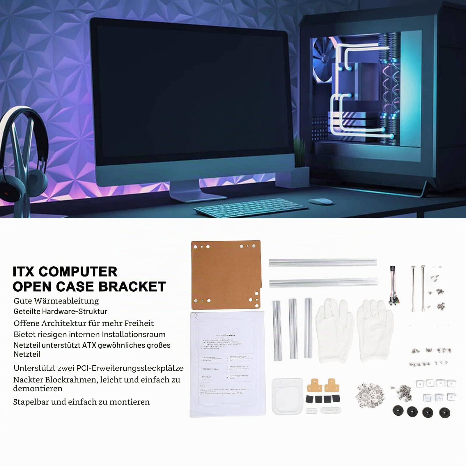 Yunseity DIY ITX Computer Open Air Gehäuse, Aluminiumlegierung Open Frame Computergehäuse, PC Test Bench Motherboard Chassis Rack DIY Kit(Silber)