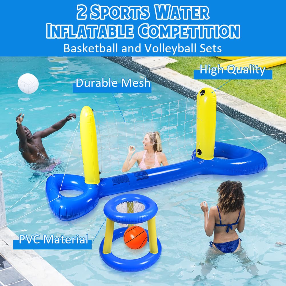 OSDUE Aufblasbares Volleyball-Set, Pool Float Set mit Netz, Körben & Bällen für Kinder und Erwachsene