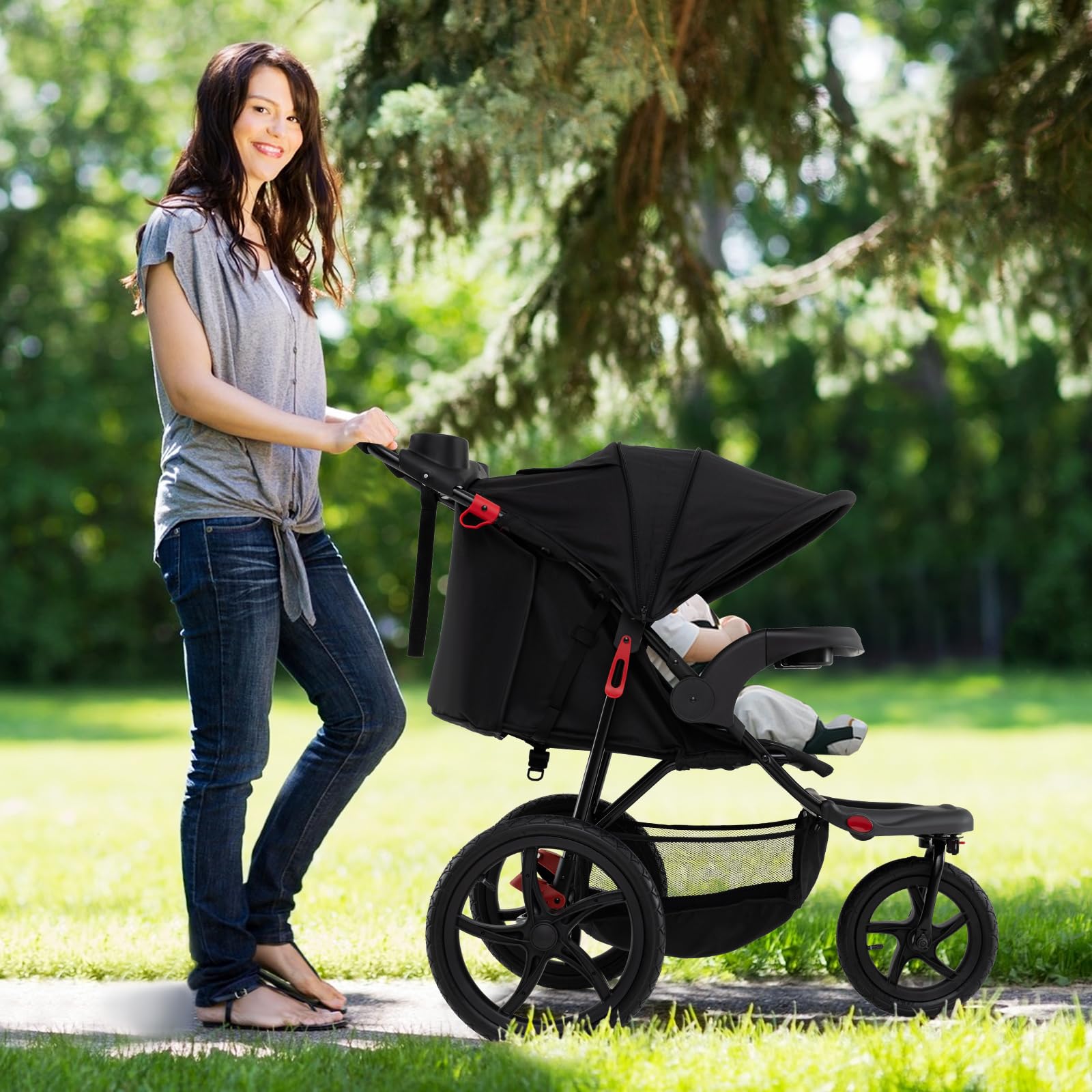 COSTWAY Poussette Canne Bébé avec Capote Réglable & Siège Inclinable, Poussette Bébé Pliable 3 Roues avec Plateau Amovible & Porte-gobelets, Sac de Rangement, Pneus en Caoutchouc, 0-4 Ans, 0-22 kg