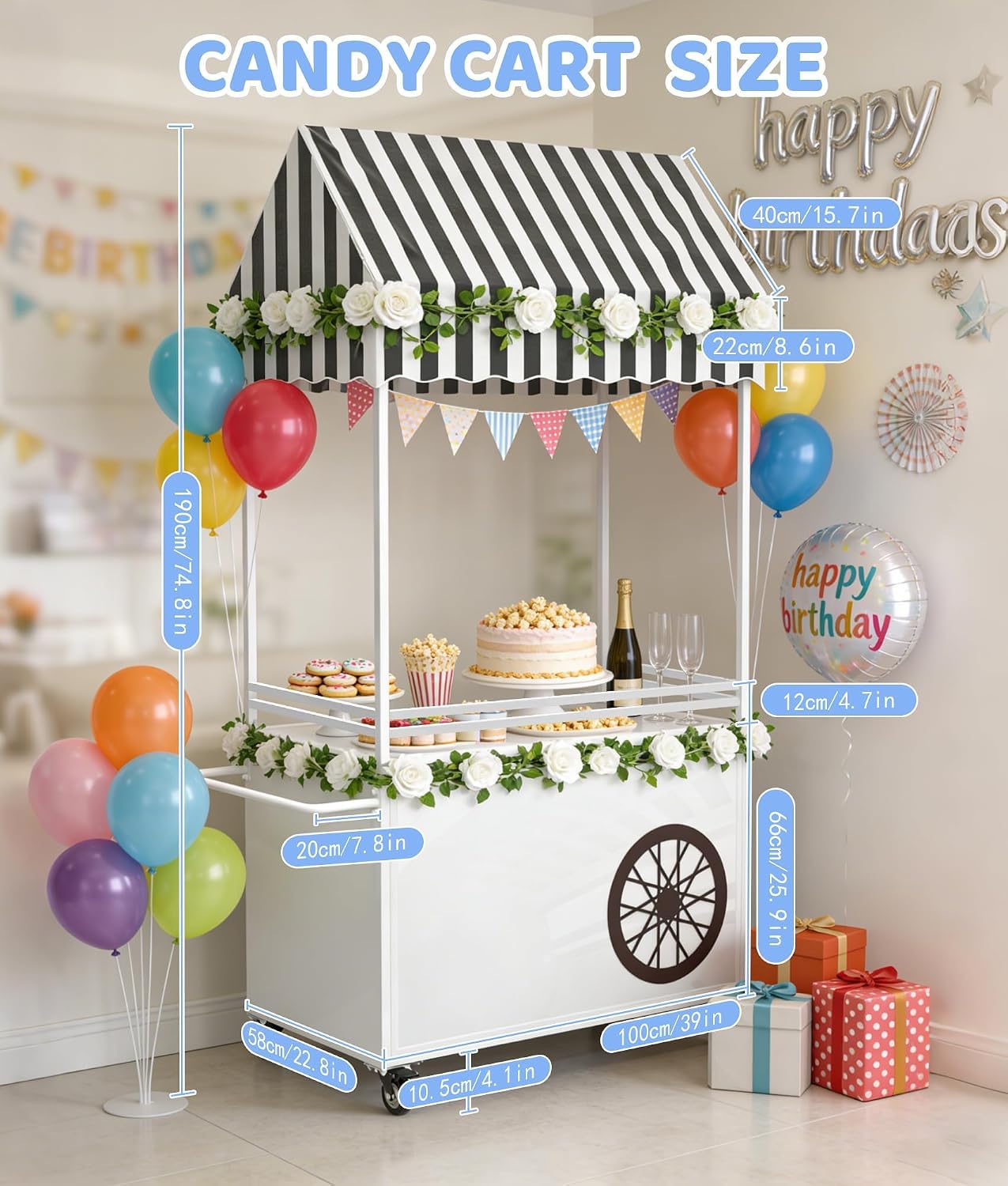 KEhtu Carrito De Dulces para Fiestas, Expositor De Pasteles con 3 Compartimentos De Almacenamiento Y 4 Ruedas, Carrito De Postres Vintage con Toldo, para Cumpleaños, Bodas Y Eventos, Uso Doméstico Y