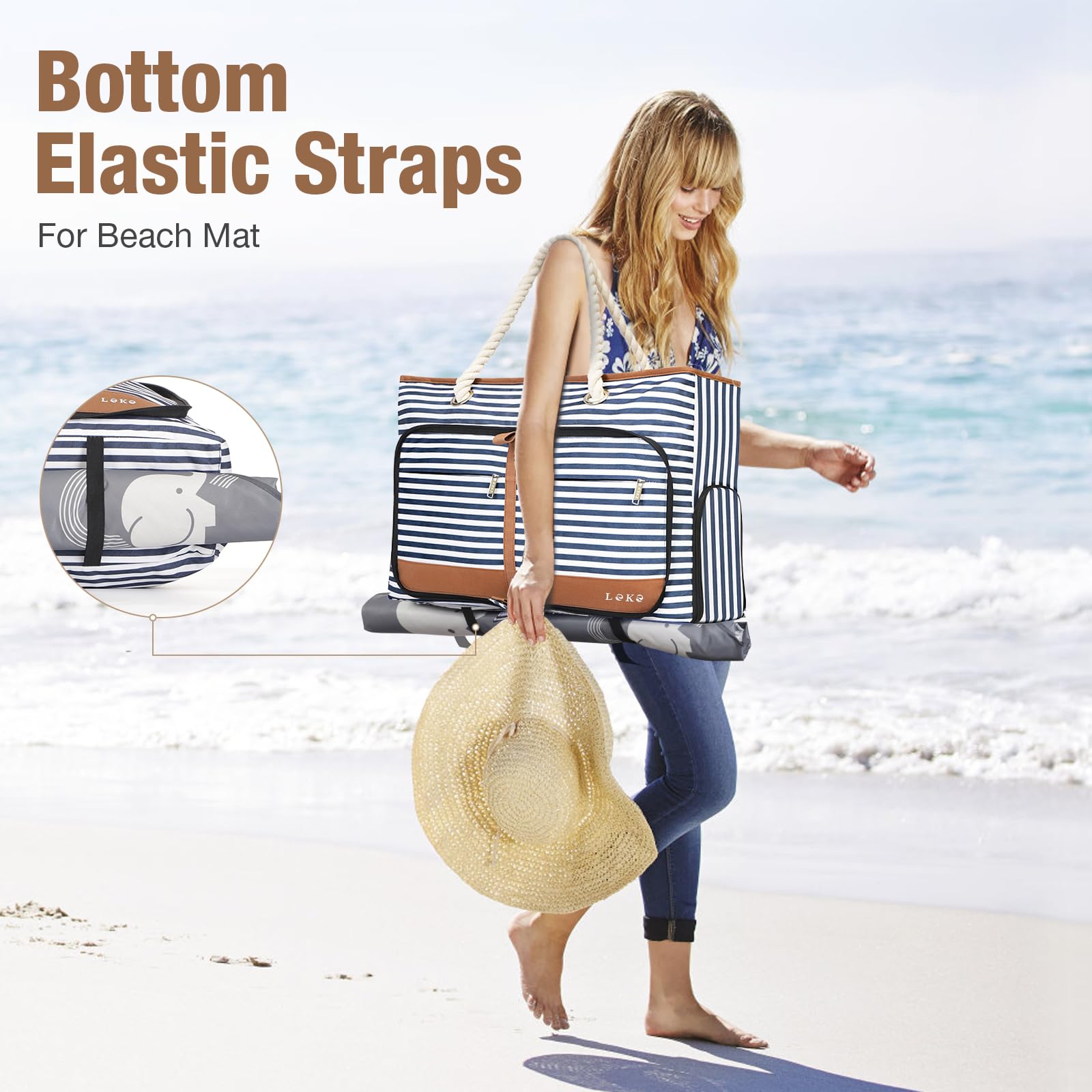 Bolsa de Playa Grande XXL con Cremallera para Mujer, Bolso Familiar Impermeable y Plegable, Tote Bag con Compartimento Húmedo, Zapatos y 8 Bolsillos