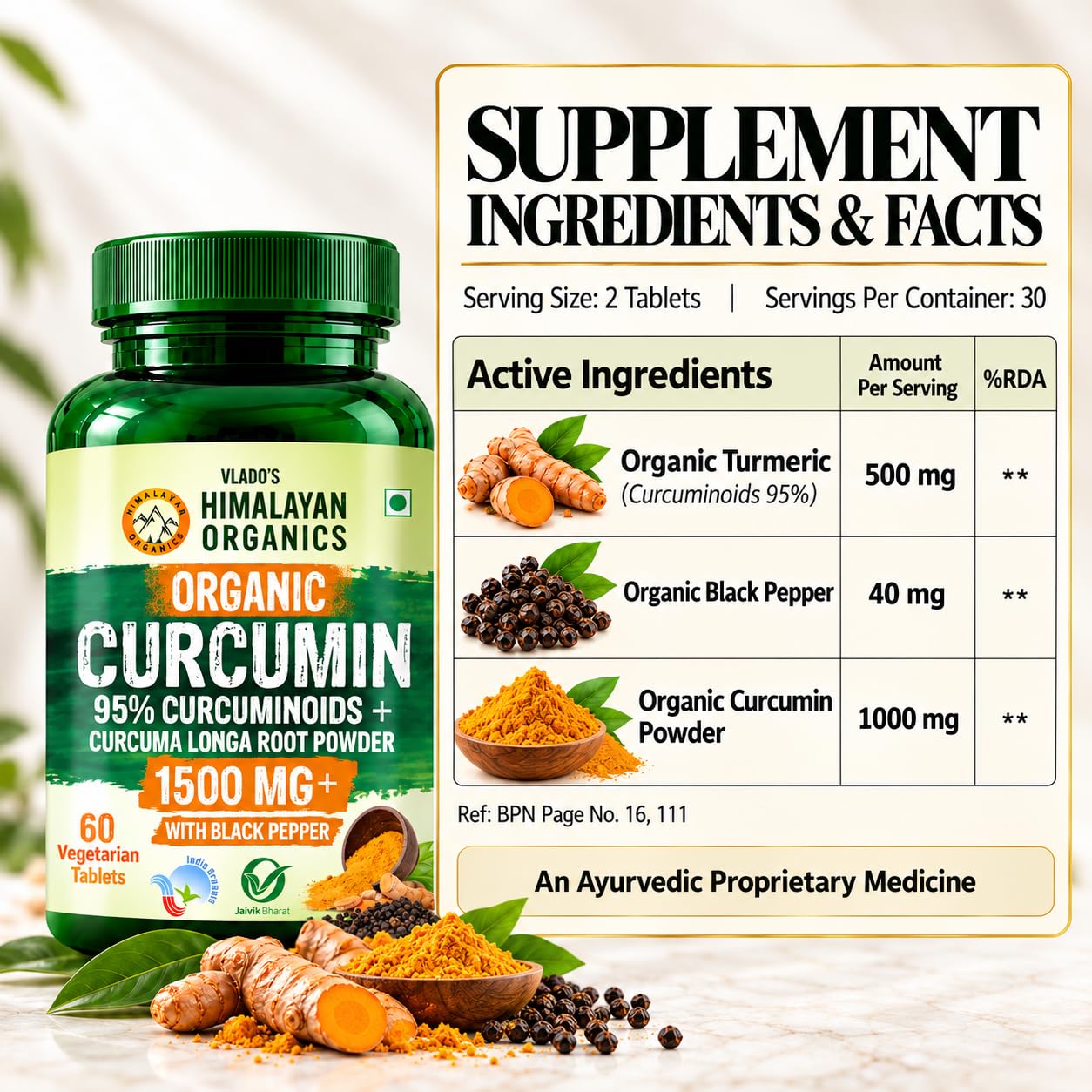 Vlado's Himalayan Organics - Organic Curcumin Tablets 1500+ Mg/Serving with Black Pepper and 95% Curcuminoids | Anti inflammatory Supplement for Adults | With Curcuma Longa, Turmeric | 60 Veg Tablets — Amazon image 2