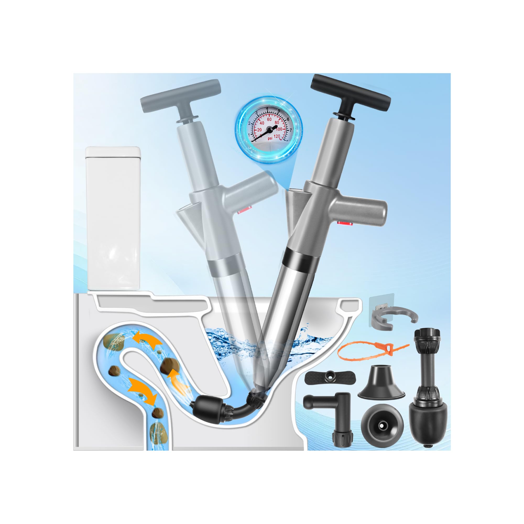 Pompe de débouchage haute pression avec indicateur de pression d'air, déboucheur d'air comprimé avec 4 ventouses, ventouse grise pour lavabo, toilettes, salle de bain, douche, cuisine