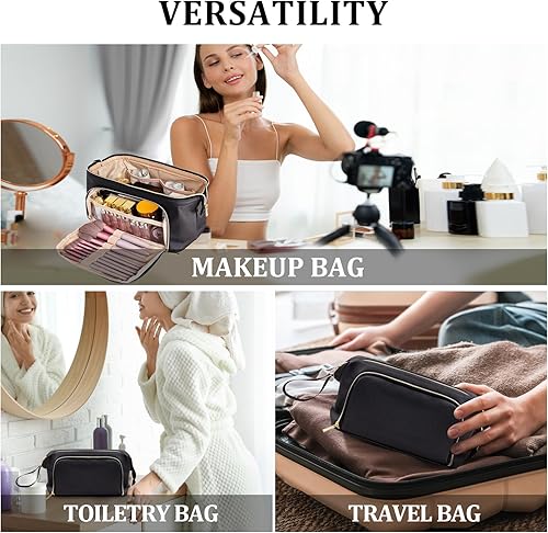 Miniatura 5 de QFDS Bolsa de maquillaje de viaje, bolsa de maquillaje grande y abierta, bolsa de cosméticos espaciosa de cuero, bolsa organizadora de maquillaje