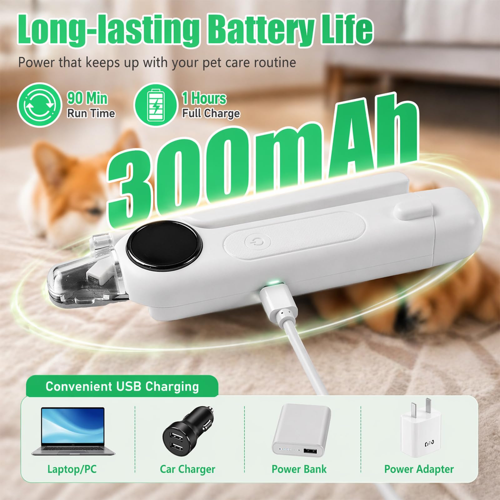 2-in-1 Krallenschere für Hunde mit Licht & Schleifer, LED Krallenschneider für Hunde & Katzen, Krallenschleifer für Hunde 3 Modi, Leise, Auffangbehälter, USB-C, Nagelknipser Haustiere