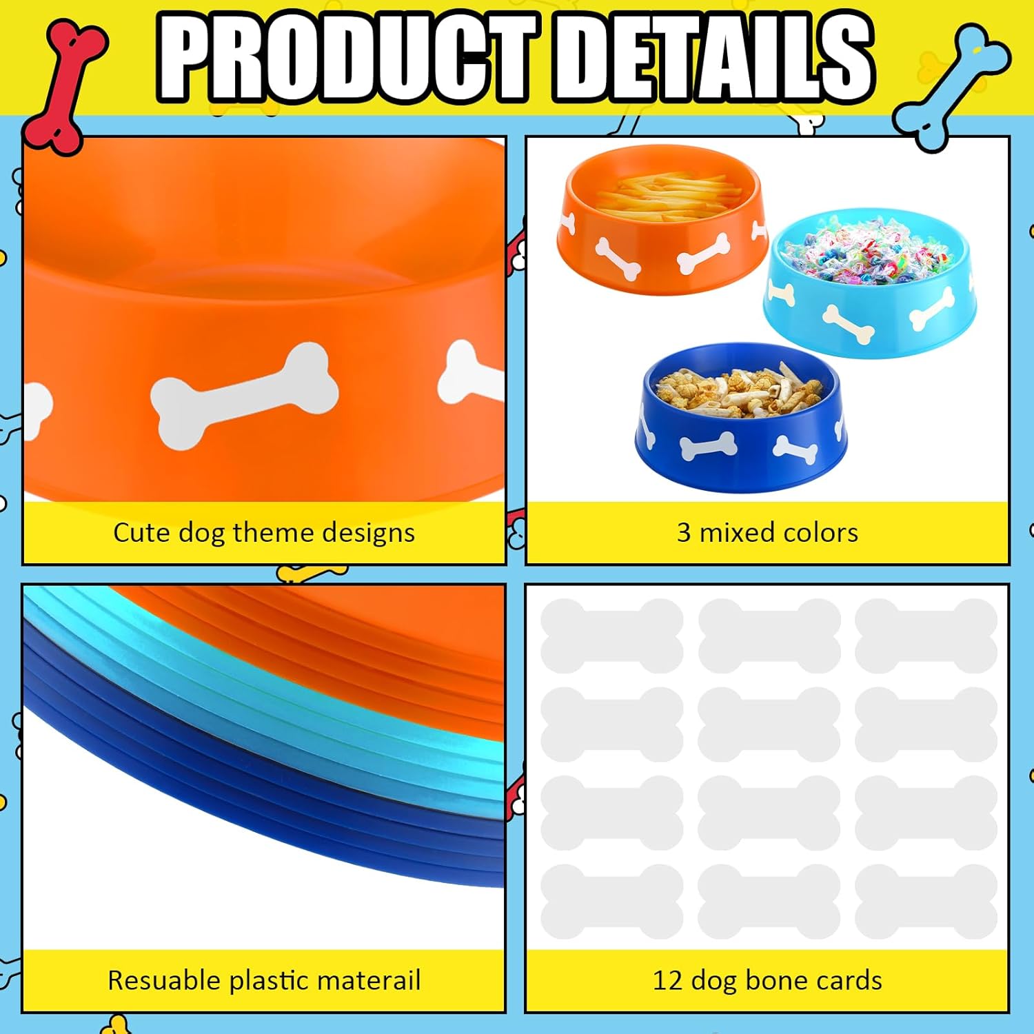 12 Pack Dog Paw Plastic Bowls Dog Theme Birthday Decoration Party Supplies Blue Yellow Snack Bowls Plates Puppy Food Trays with Bone Cards for Party Favors Table Centerpieces(Light Blue)