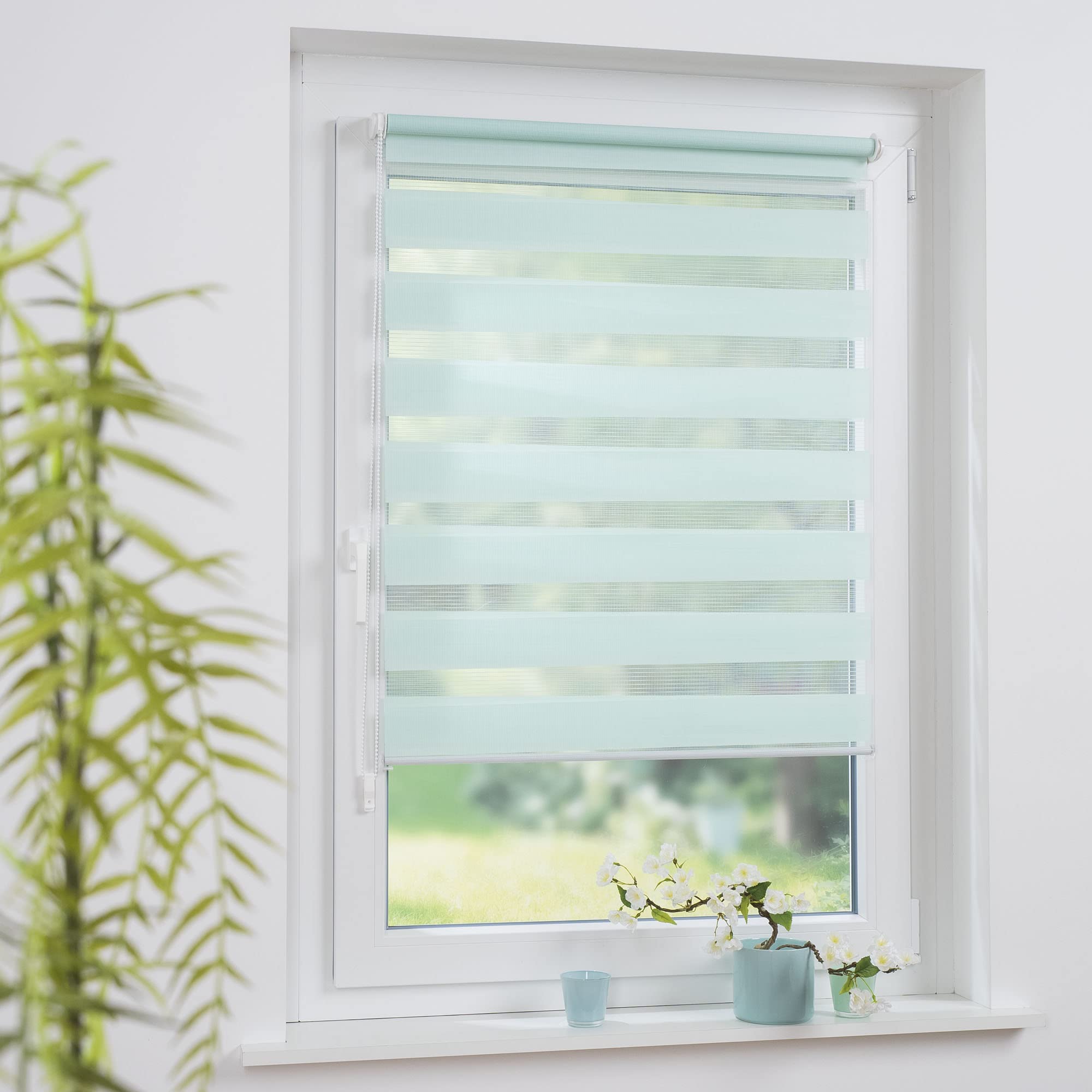 Doppelrollo/Duo Rollo-Lichtdurchlässig & Blickdicht – Montage ohne Bohren – Fensterrollo mit Kettenzug, Breite: 90 cm/Höhe: 160 cm, pastellgrün