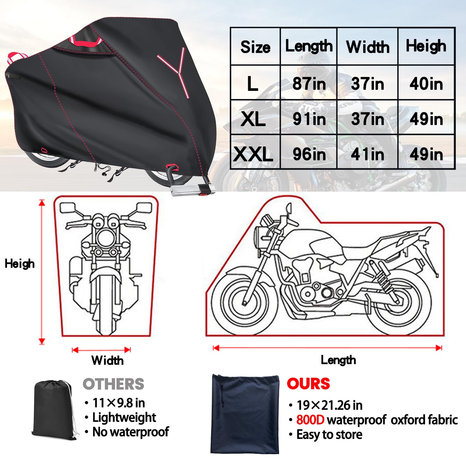 Funda resistente para motocicleta, 800D para almacenamiento al aire libre, cubierta universal impermeable para scooter con 3 asas reflectantes, 2 pares de agujeros de bloqueo y 3 hebillas fijas, 91 x