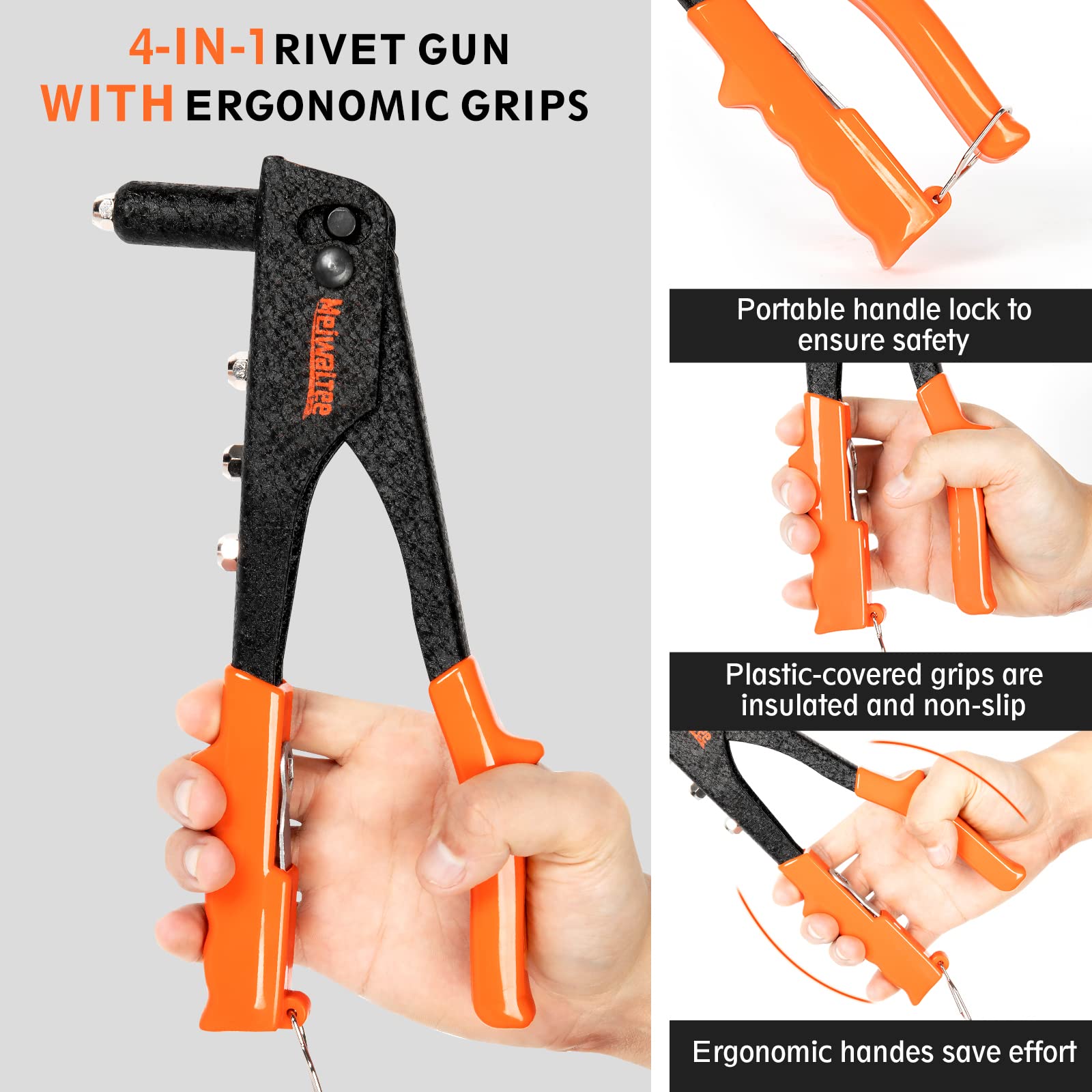 Rivettatrice Manuale con 200 Pezzi Rivetti, Professionale Pistola rivettatrice robusta, 4 Misure 2,4MM-3,2 MM-4,0MM-4,8MM-Utensili per rivetti per automobili, mobili, strumenti