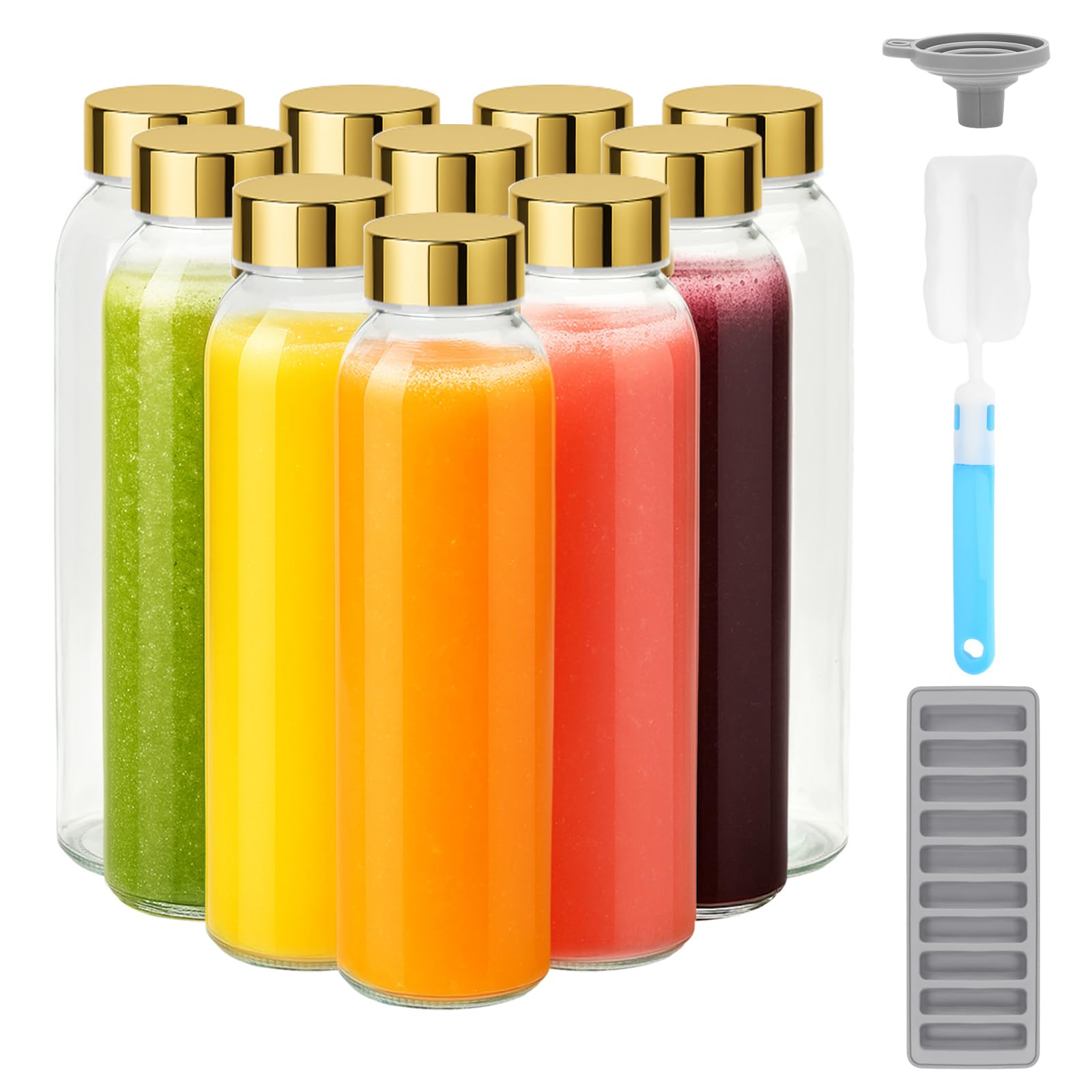 Zukro 18 oz Glass Juice Bottles with Gold Lids, Leak Proof, Set of 10