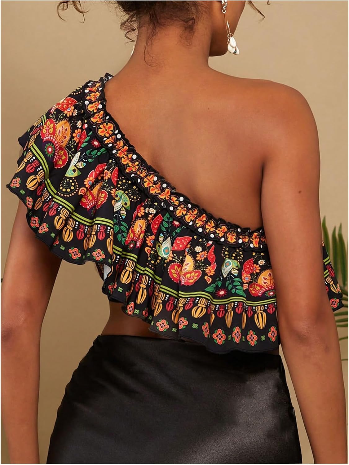 SweatyRocks Women's Ruffle One Shoulder Tops Boho Floral Print Blouses Vacation Crop Tops - Image 2