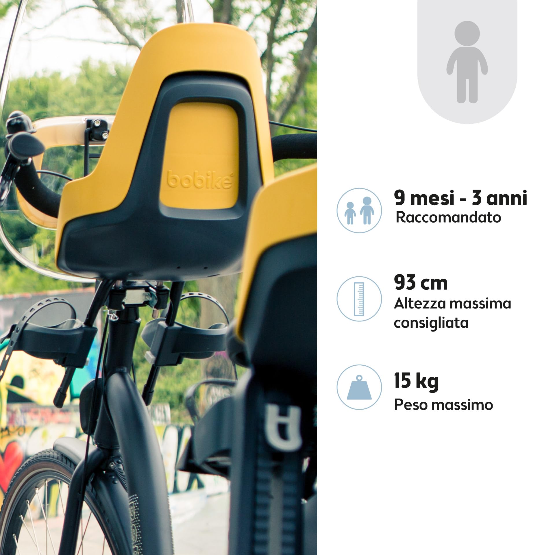 BOBIKE 8012000023 - Seggiolino anteriore ONE MINI per bicicletta con ruote da 26” a 29” adatto per bambini con un peso massimo di 15kg con attacco sul tubo di sterzo in colore Potente Senape