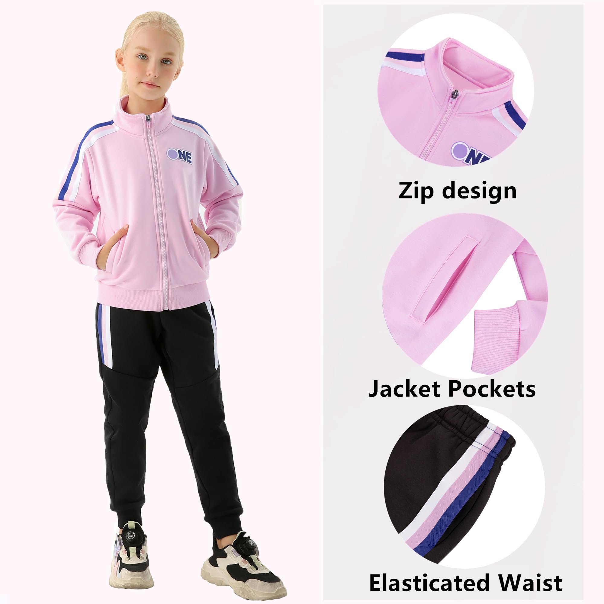 Chándal para niñas, conjunto de sudadera de 2 piezas con cremallera frontal completa, chaqueta clásica y pantalones, conjunto de chándal para niñas (4-15 años)