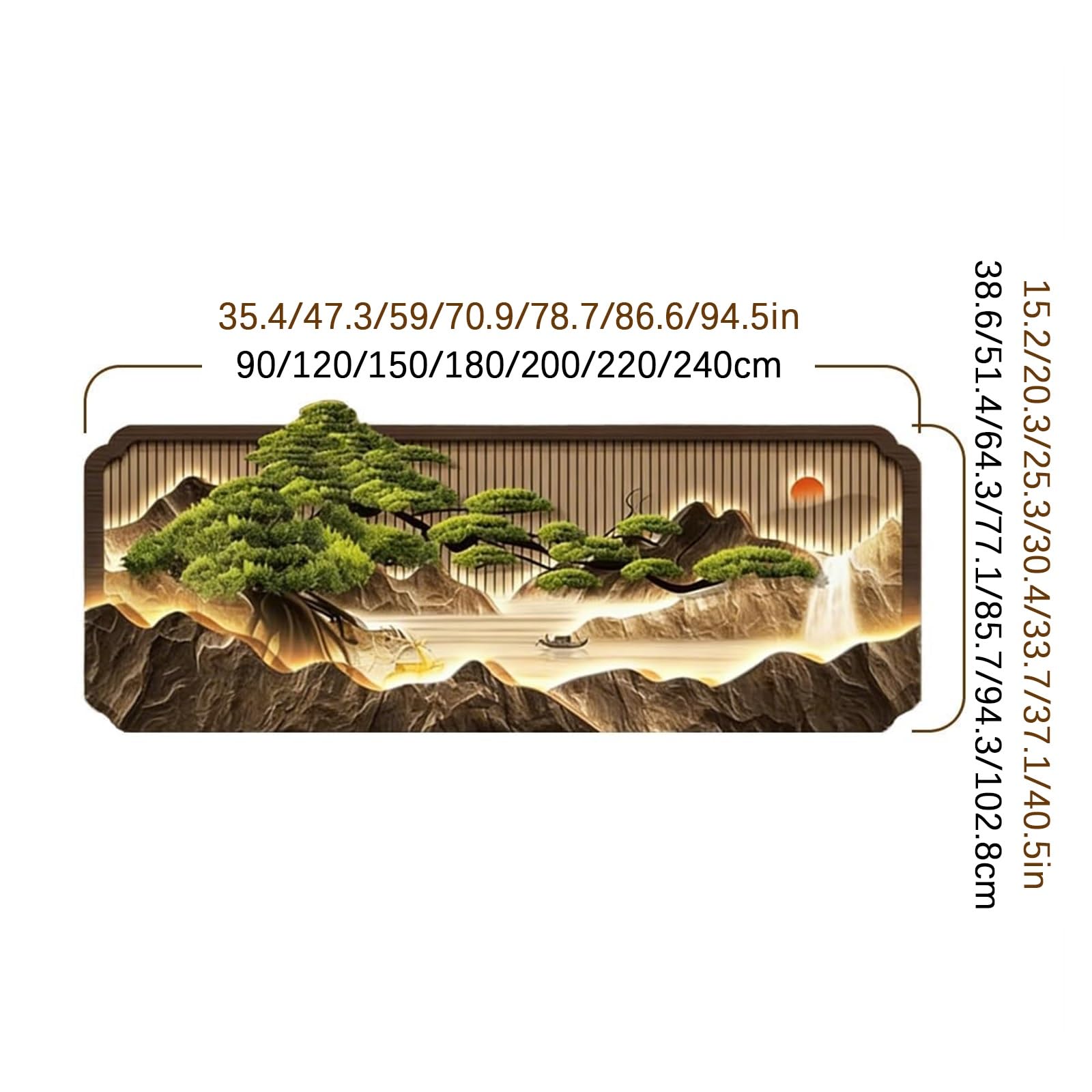 SYXHJTFZ 3D LED Wandkunst Kiefernmuster Kristallporzellan, Beleuchtetes Bild Neuer Chinesischer Luxus Rahmenlos mit Fernbedienung für Wohnzimmer Sofa und Büro(180 * 77.1cm/70.9 * 30.4in)