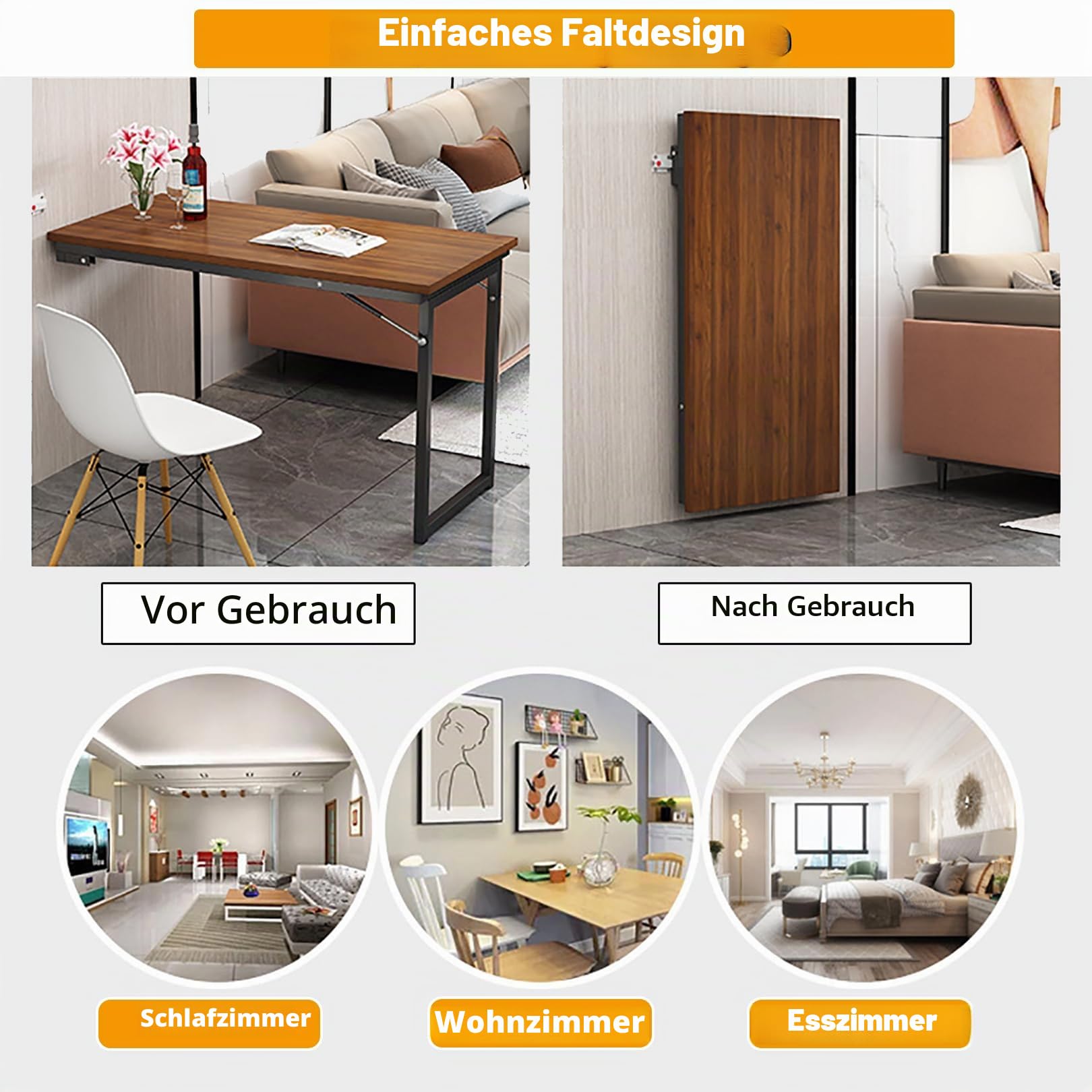 Wandmontierter Klapptisch Platzsparender, klapptisch Wand 90x60cm, Schwebender Schreibtisch, Schreibtisch für kleine Räume,Klappbarer Wandtisch für Küche und Wohnzimmer