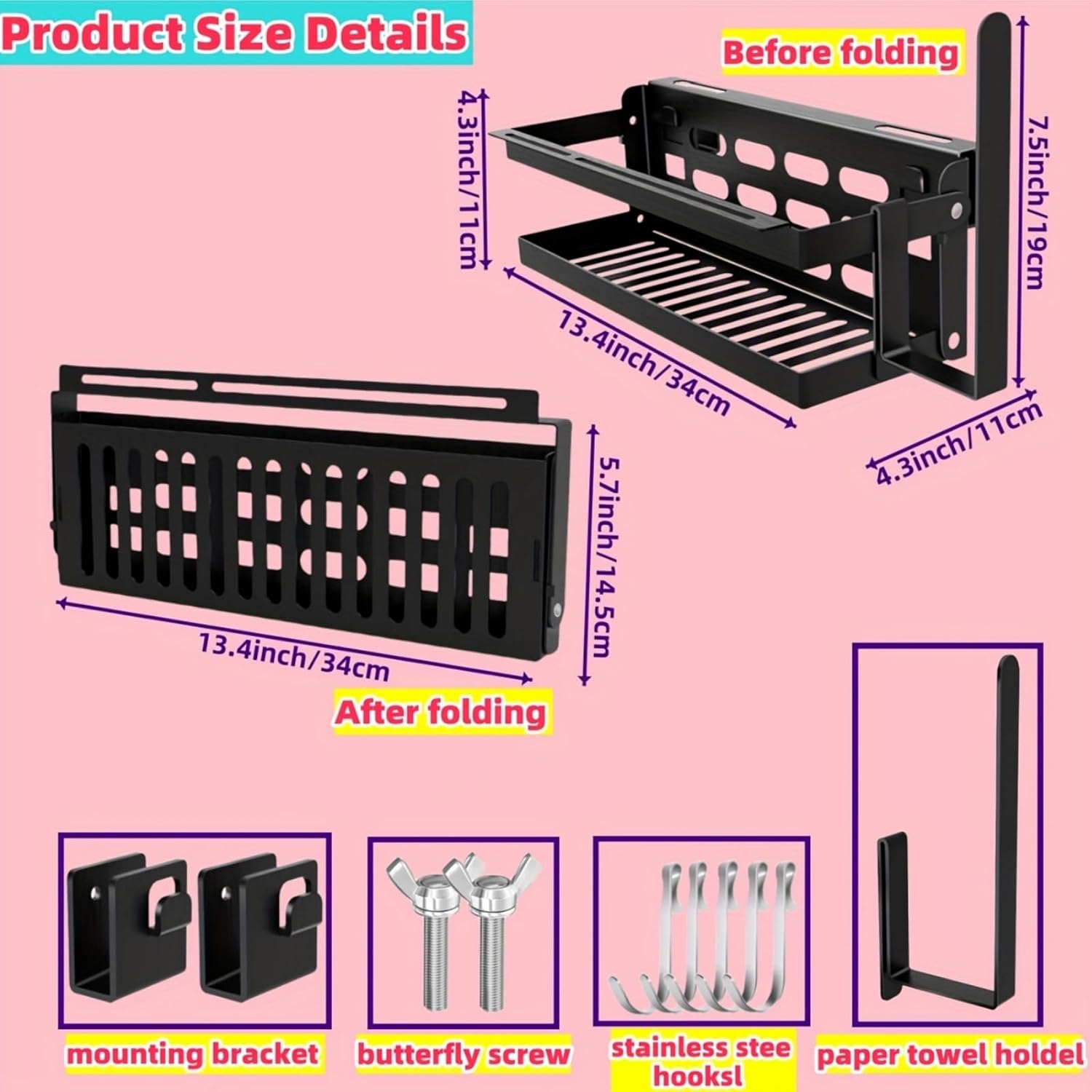 Upgrade Foldable Griddle Caddy for 17''/22''/28"/36" Blackstone BBQ Griddle,Space Saving Grill Tool Holder for Blackstone BBQ Accessories Organizer,with Paper Towel Holder&Knife Rack&Hooks