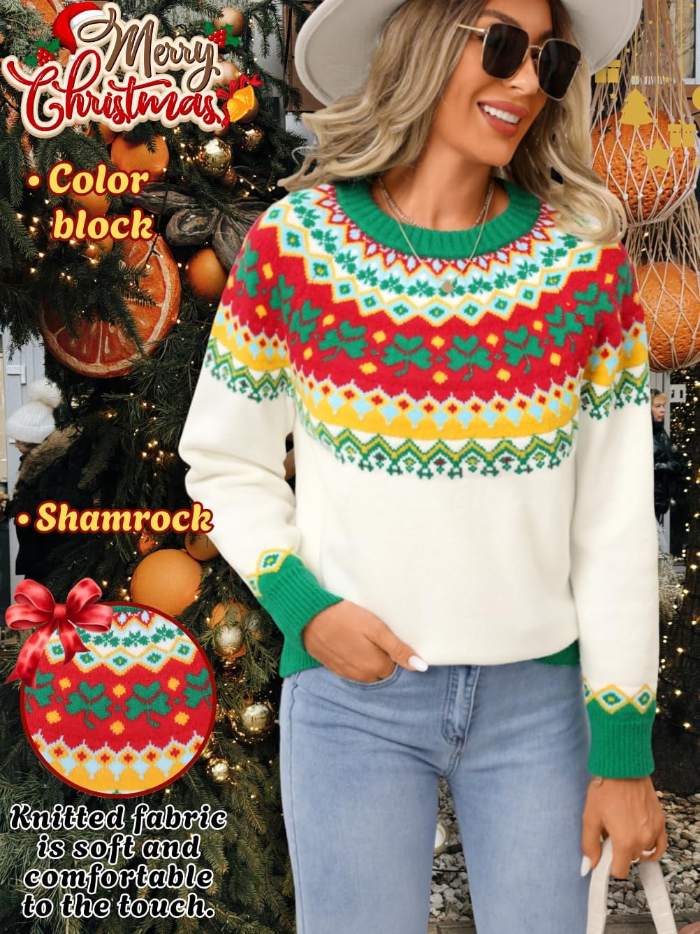 Women's Fair Isle Sweater, Lucky Clover Patterned Chunky Knit 2026 Spring Holiday Pullover - Image 2
