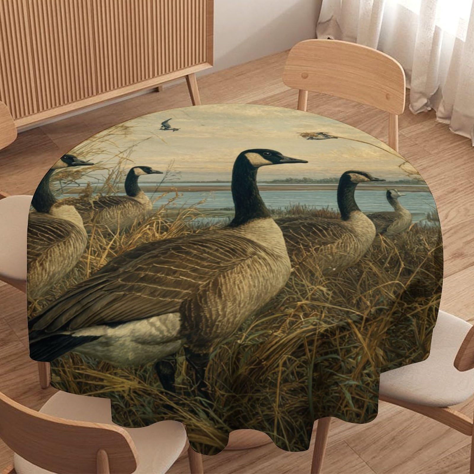 LUYYSKY Retro Classic Animal Geese Round Tablecloth Colorful Watercolor Fall Botanical Plant Reeds Pattern Washable Decor for Table Cover for Kitchen-91.4" Wx91.4 L cm