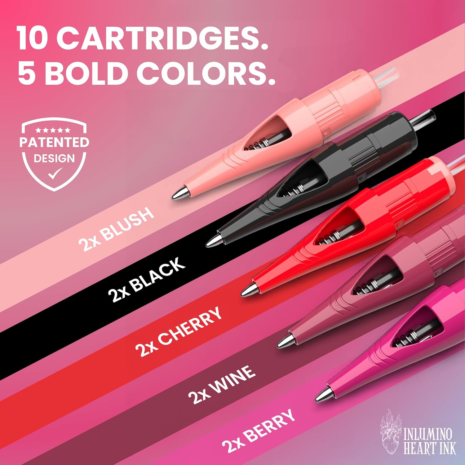 PMU Practice Cartridges – 10-Pack Ballpoint Pen Refills for Tattoo Training on Paper – Patented Design – 5 Colors – Compatible with Rotary PMU Pens & Dot Machines
