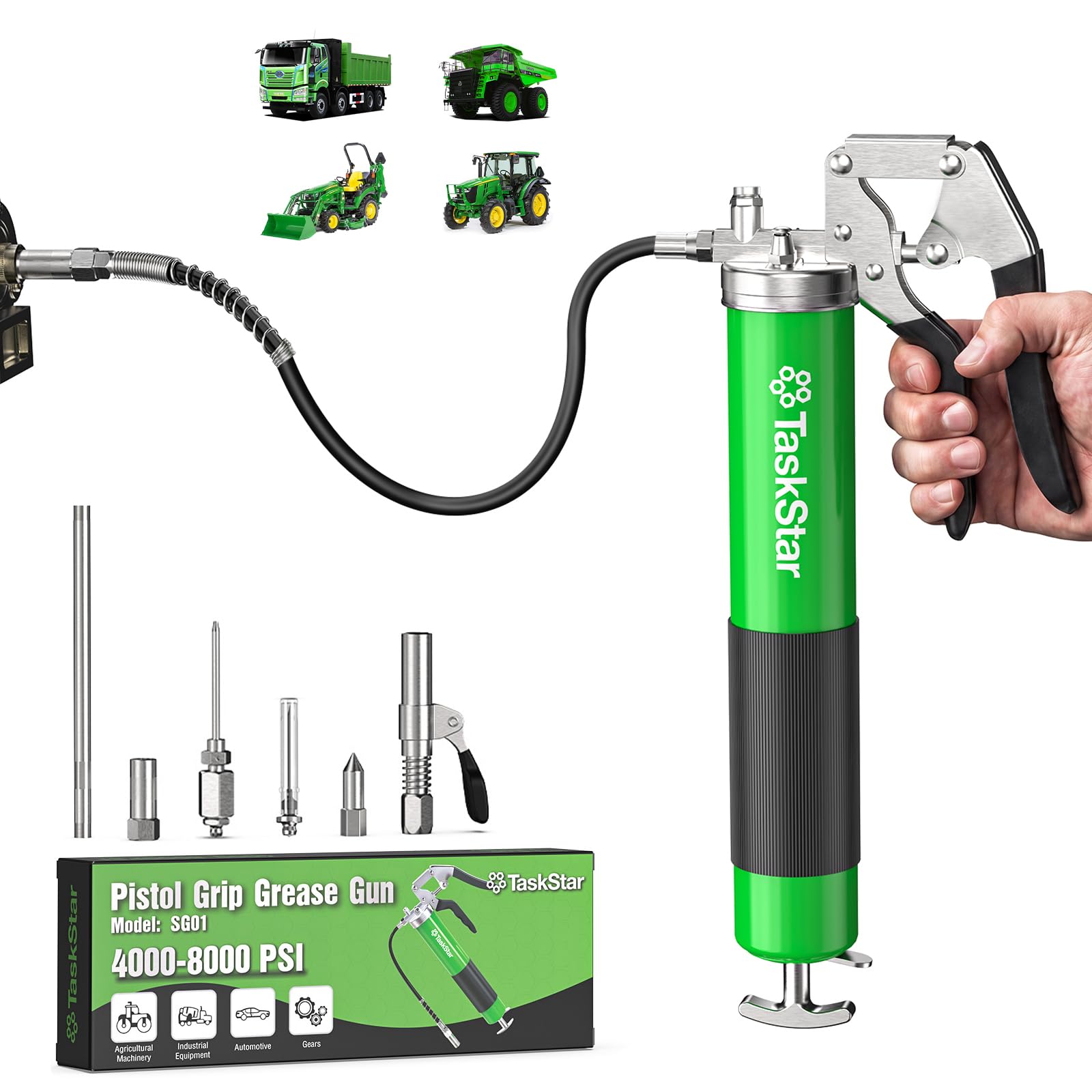 TaskStar 8000 PSI Fettpresse für Schmiernippel, 45cm Flexiblem Schlauch | 400g Einhandfettpresse, Schlanke Schnellkupplung, 5 Mundstücks, Verlängerungsrohr, für Landwirtschaft und Maschinenwartung