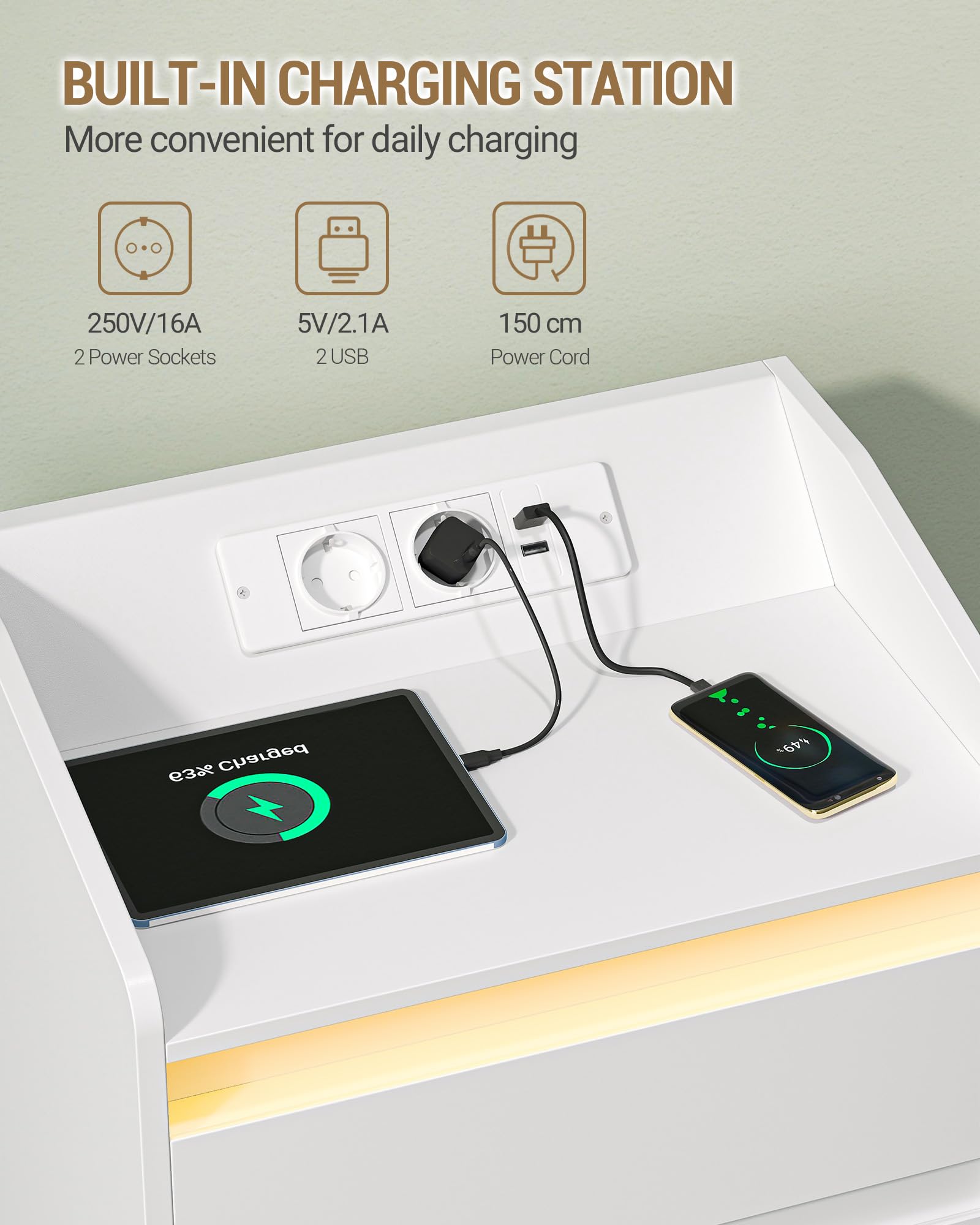 Hzuaneri Comodino Set di 2 con 3 Cassetti, Stazione di Ricarica LED, Bianco | Tavolino, 2 Prese CA e 2 Porte USB per Camera da Letto, Soggiorno, NS40103X