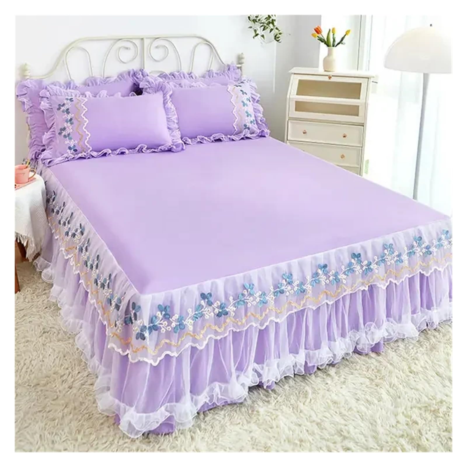 Lace Lotus Leaf Lace Bed Skirts Solid Color White Pink Bedspread Bed Cover Non-Slip Sheets Without Pillowcase(06,150x200cm 3pcs)