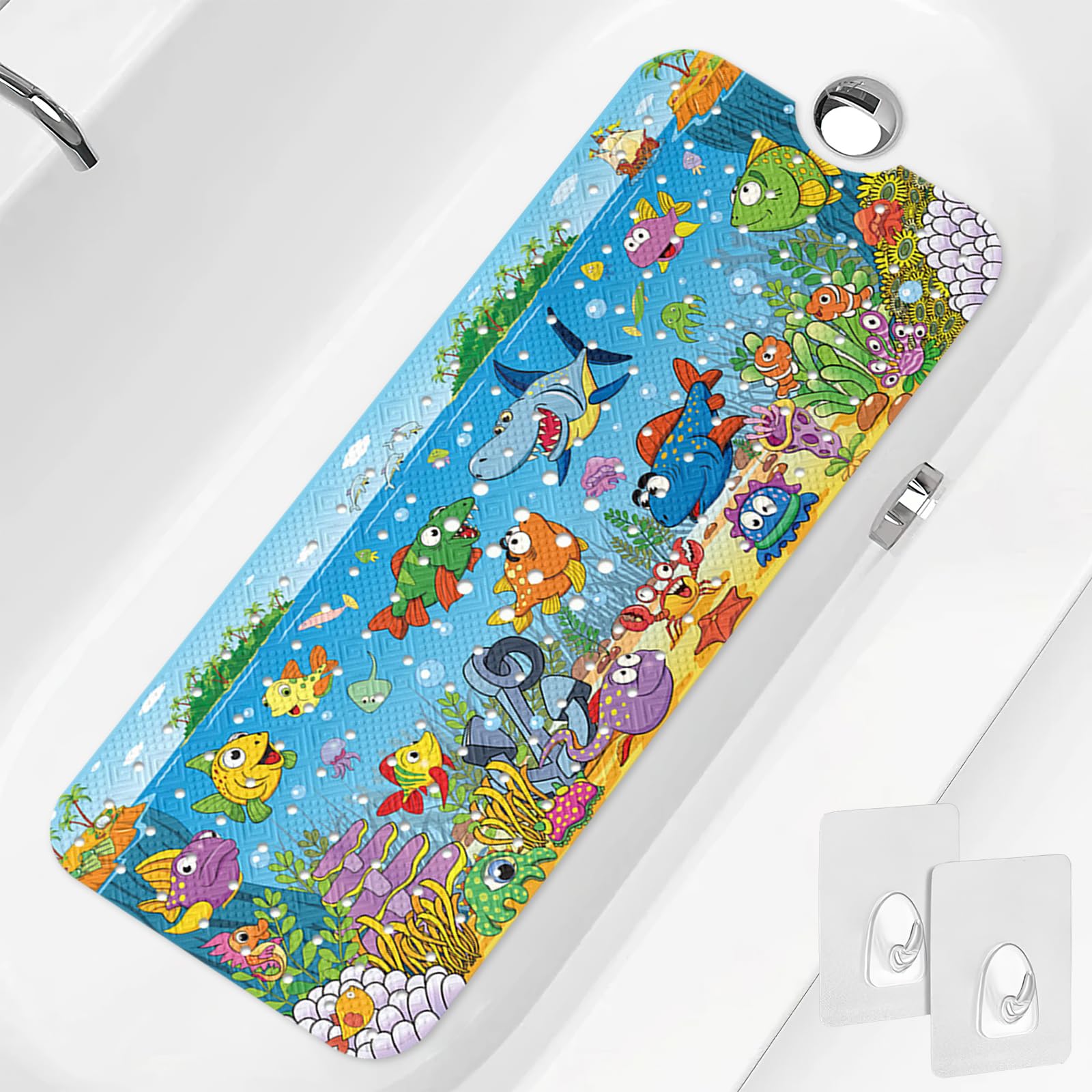 Kids Bath Mat 40x16 Non Slip Tub Shower Mat with Suction Cups Drain Holes