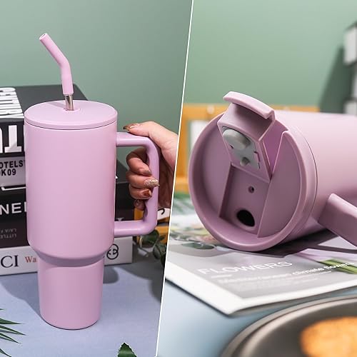 Miniatura 7 de Laosh Vaso de 40 onzas con asa y pajilla, 2 tapas (con pajilla  abatible), taza aislada al vacío de acero inoxidable de 40 onzas, taza de viaje