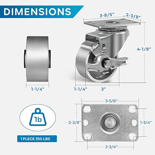 Miniatura 2 de Ruedas industriales de 3 x 1.25 pulgadas, ruedas resistentes, ruedas de hierro fundido, juego de 4 ruedas de acero con capacidad de hasta 1400