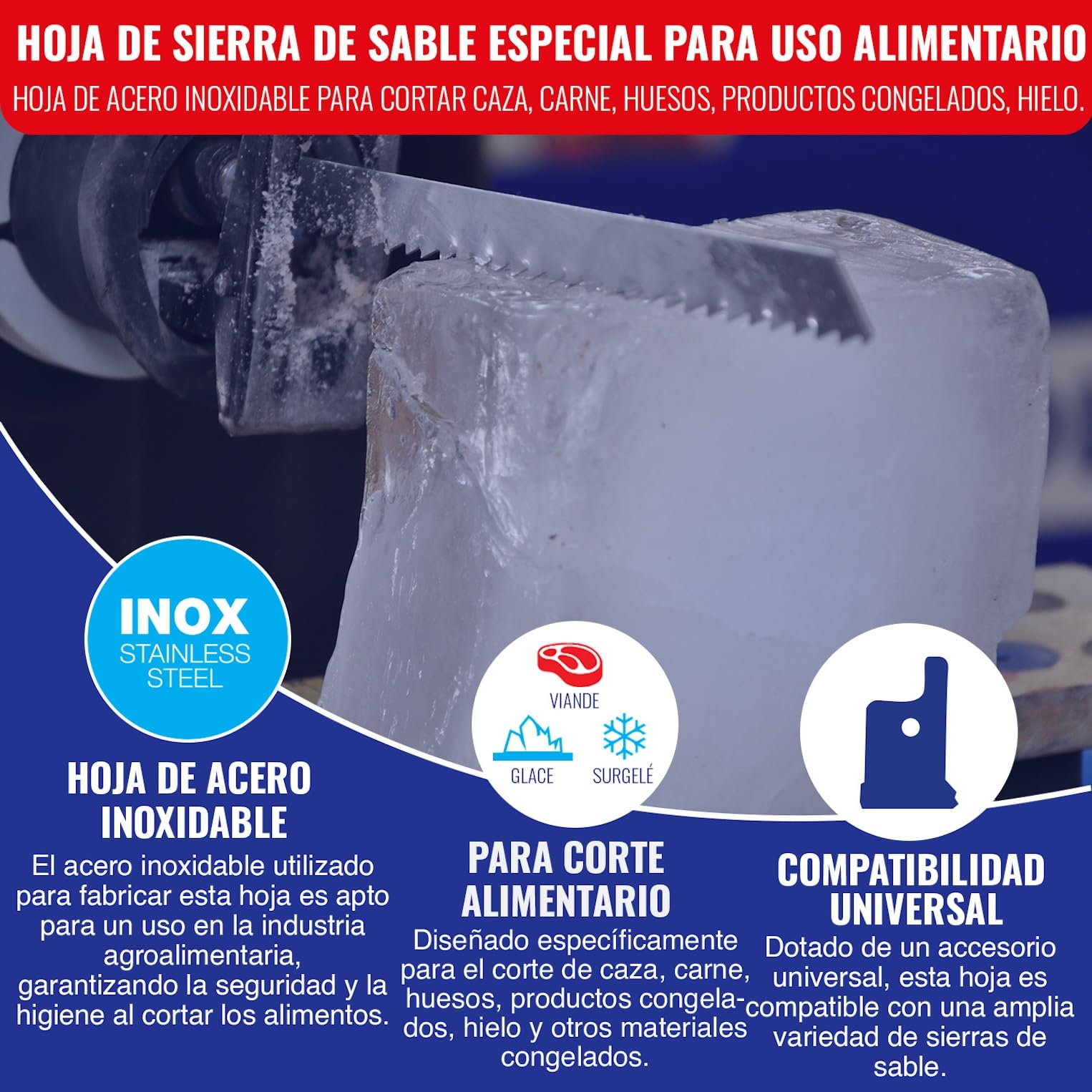 TIVOLY - Hoja de Sierra de Sable Especial para Uso Alimentario - Hoja de Acero Inoxidable para Corte de Caza, Carne, Huesos, Productos Congelados, Hielo