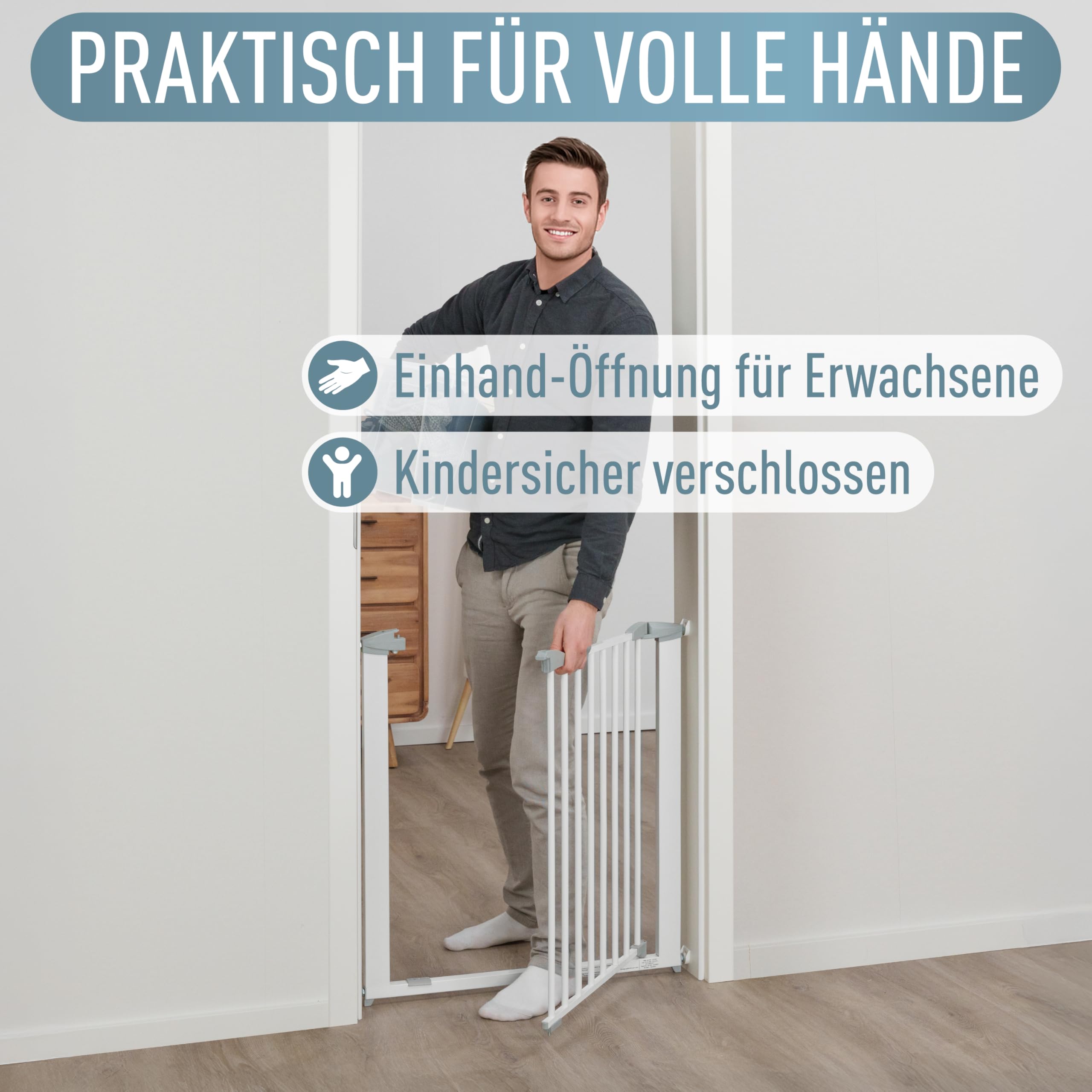 ib style Türschutzgitter Yael für Babys 73,5-81,5 cm - Ohne Bohren, Treppenschutzgitter zum Klemmen, Stabiles Schutzgitter, Hundeabsperrgitter, Sicherheitsgitter für Kinder, Metall, Weiß