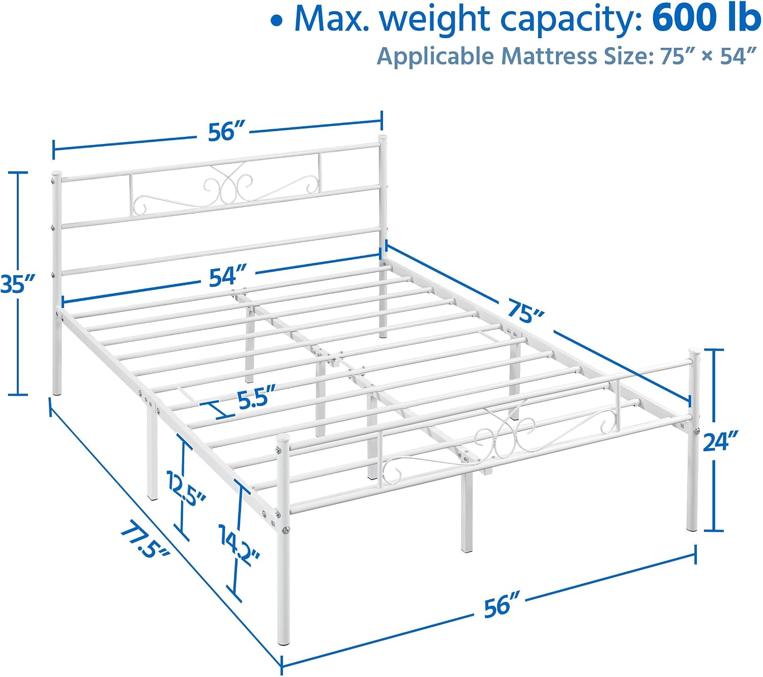 Yaheetech Classic Metal Platform Bed Frame with Headboard and Footboard Flower Design Mattress Foundation Easy Set Up Structure Full Size White