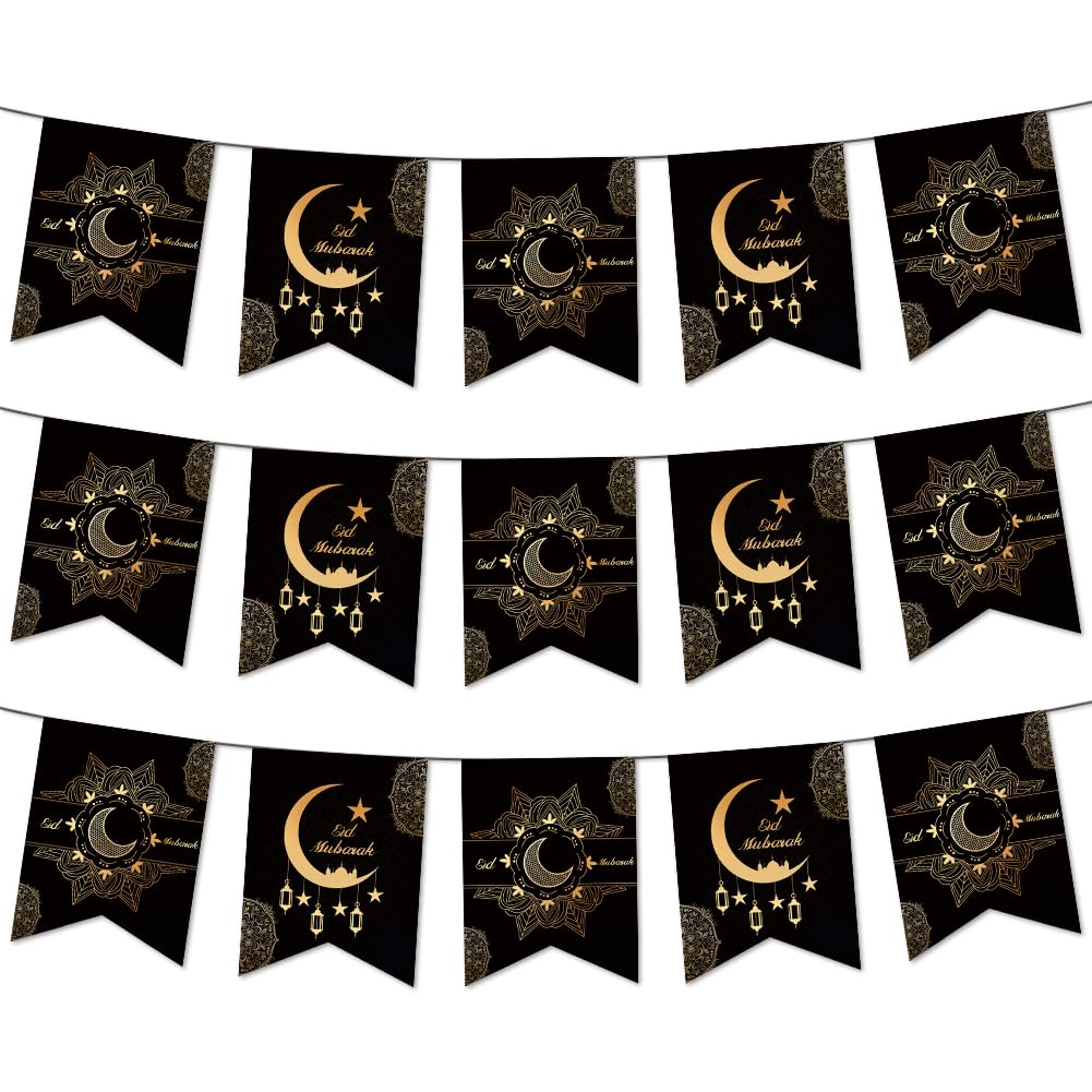 Eid Mubarak Banners, Ramadan Mubarak Party Supplies, Black Gold Eid al-Fitr Party Decorations