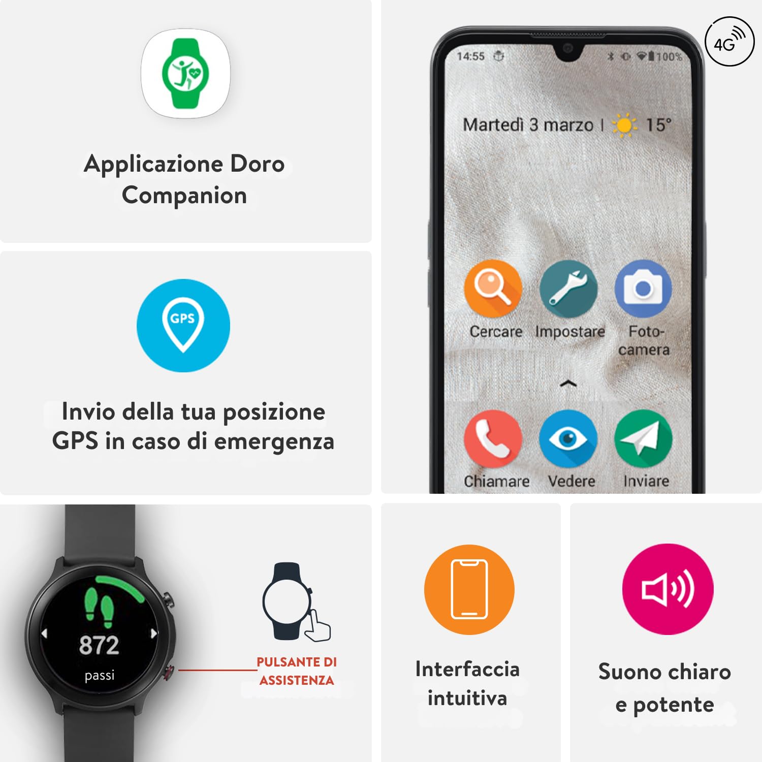 Doro 8100 + Smartwatch - 4G Smartphone Anziani - Cellulare Facile Anziani - Resistente all'Acqua - Fotocamera 13MP - Display 6.1" - Tasto Assistenza - Orologio Fitness - Uomo - Donna (Nero+Nero)