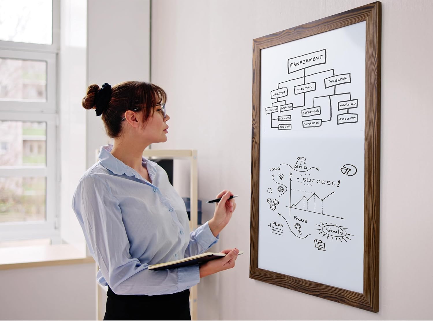 Real Wooden Framed Magnetic Dry Erase Whiteboard, 24" X 36", Vertical/Horizontal Wall Mount, Includes Black Marker, Eraser and 4 Magnets, by Better Office Products (Rustic Brown)