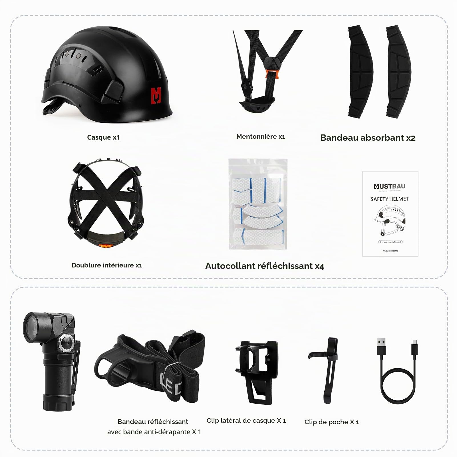 EN397 Casque de sécurité avec lampe frontale, lampe de poche, casque de sécurité avec mentonnière réglable 53-63 cm pour construction, sylviculture, industrie