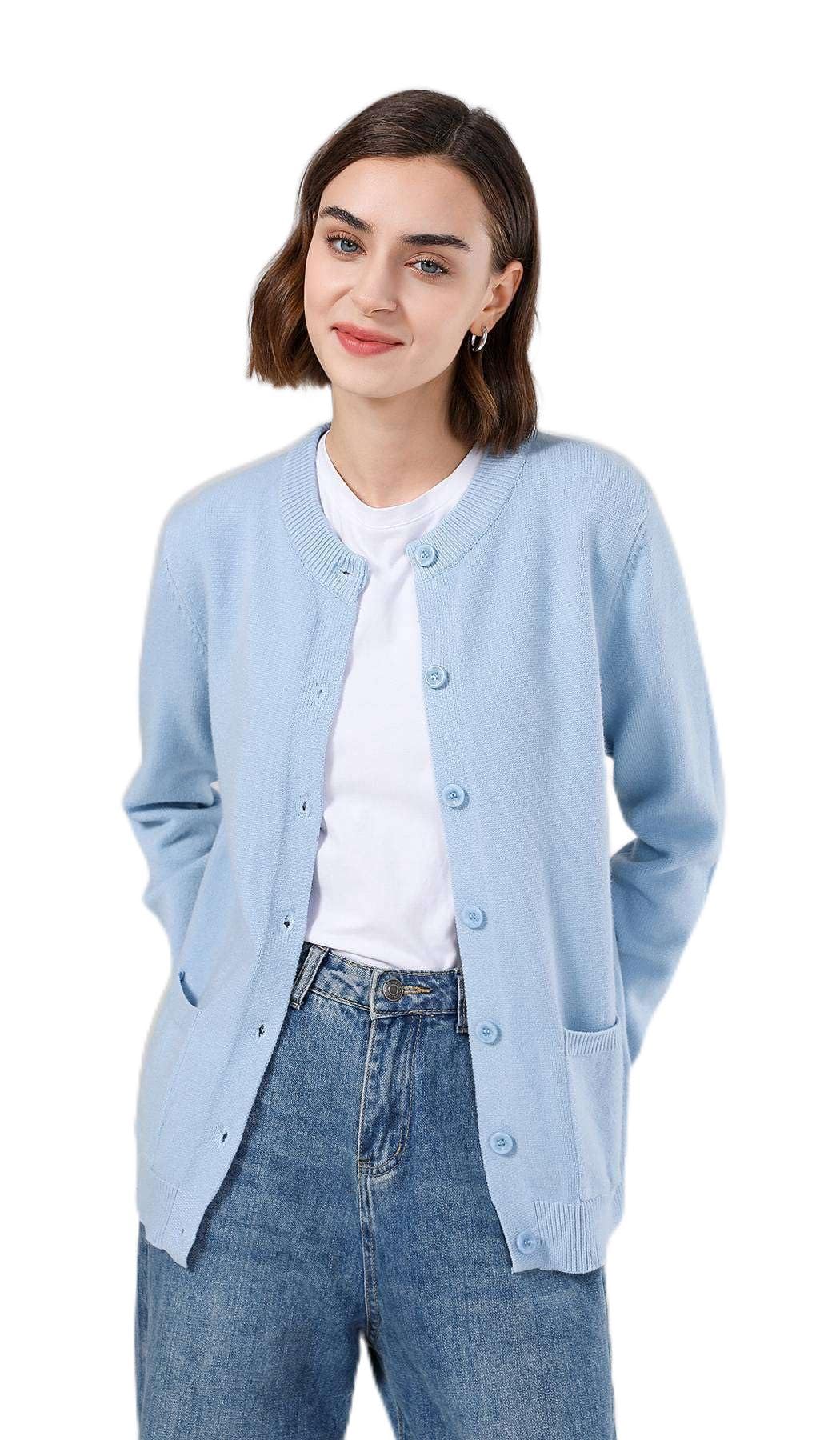 SMILING PINKER Cardigan boutonné à col Rond en Tricot côtelé avec Poches pour Femme