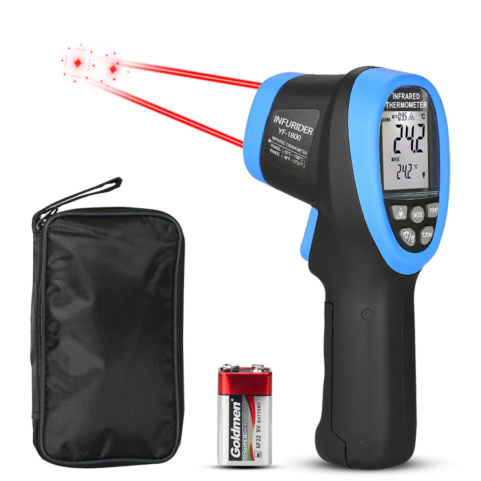 YF-1800 Termómetro Láser Infrarrojo(-58°F-3272°F),Pistola de Temperatura Láser Digital Sin Contacto DS 50:1,Pirómetro IR con Emisividad Ajustable,Medir de Alta Temperatura para la Industria