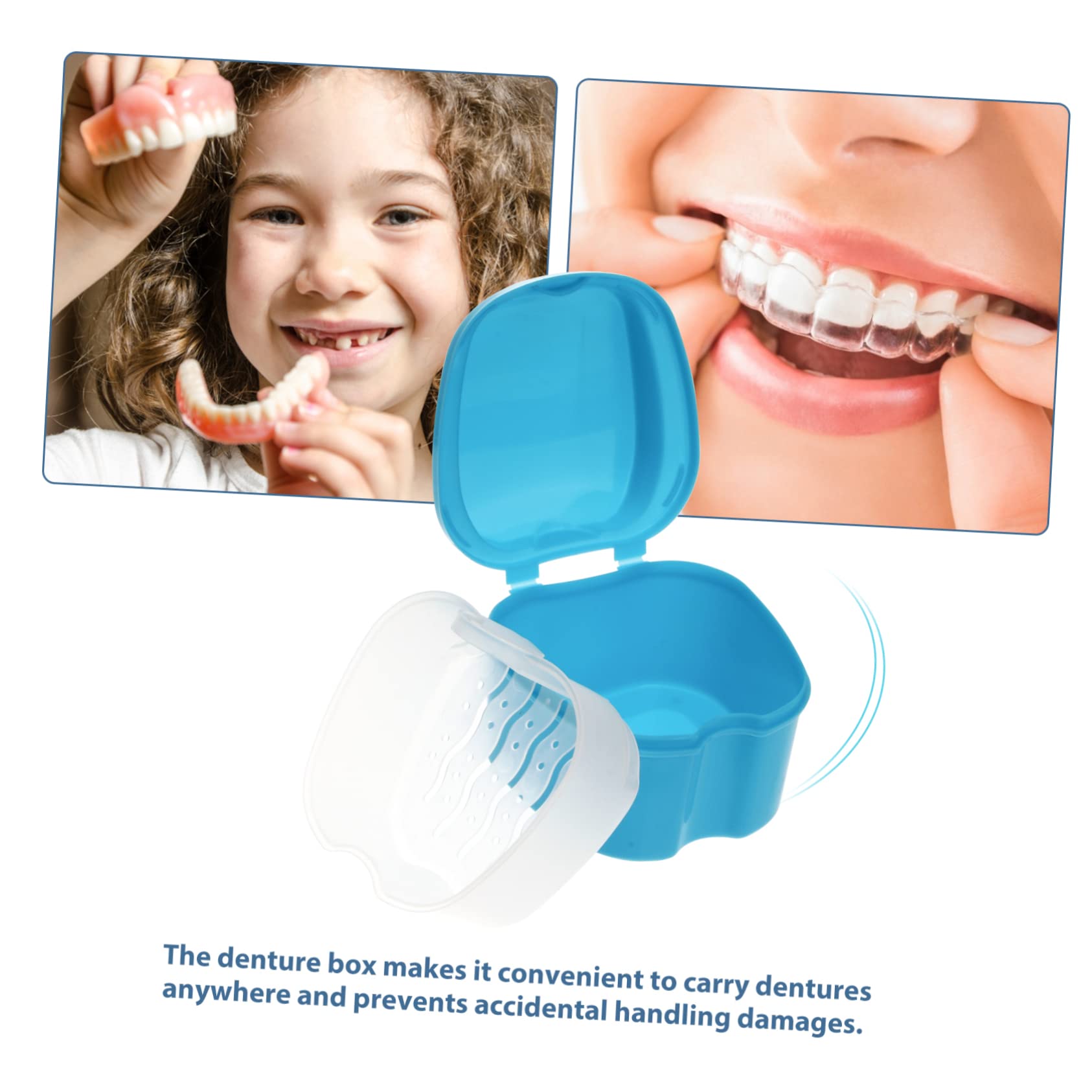 Healeved Boîte Rangement Sécurisé pour Prothèse Dentaire en Pp Bleu avec Panier de Rinçage et Filet Suspendu, Mini Style Européen pour Dentier des Voyageurs