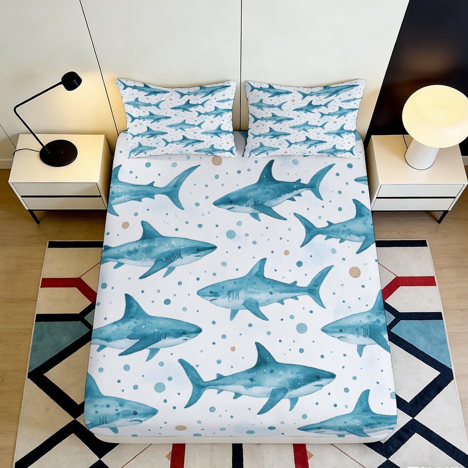 3D Printed Shark Ocean Blue Fitted Sheet Microfiber Machine Washable Sea Fish Mattress Cover for Bedroom Guest Room Decor 90x200x25cm