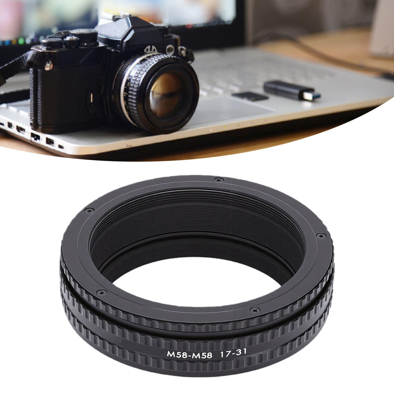 Adaptador Helicoidal de Enfoque, Adaptador de Rosca Universal M58 de Rango Ajustable de 17 a 31 Mm, Tubo de Extensión Macro con Interior Antirreflectante para Fotografía Macro y Montaje de
