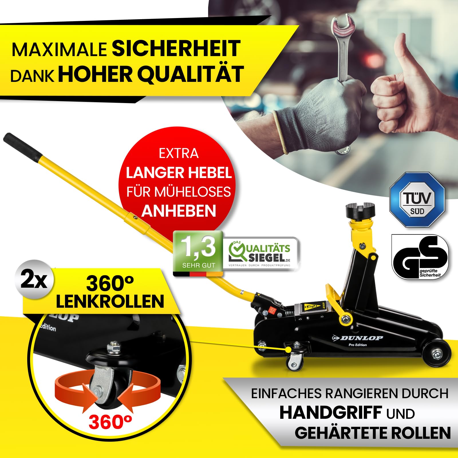 DUNLOP Wagenheber hydraulisch PRO Edition - Reifen wechseln in Bestzeit - 2t hydraulischer Rangierwagenheber für Auto PKW Kfz Reifenwechsel mit Transportbox und Gummiauflage - car Jack Set